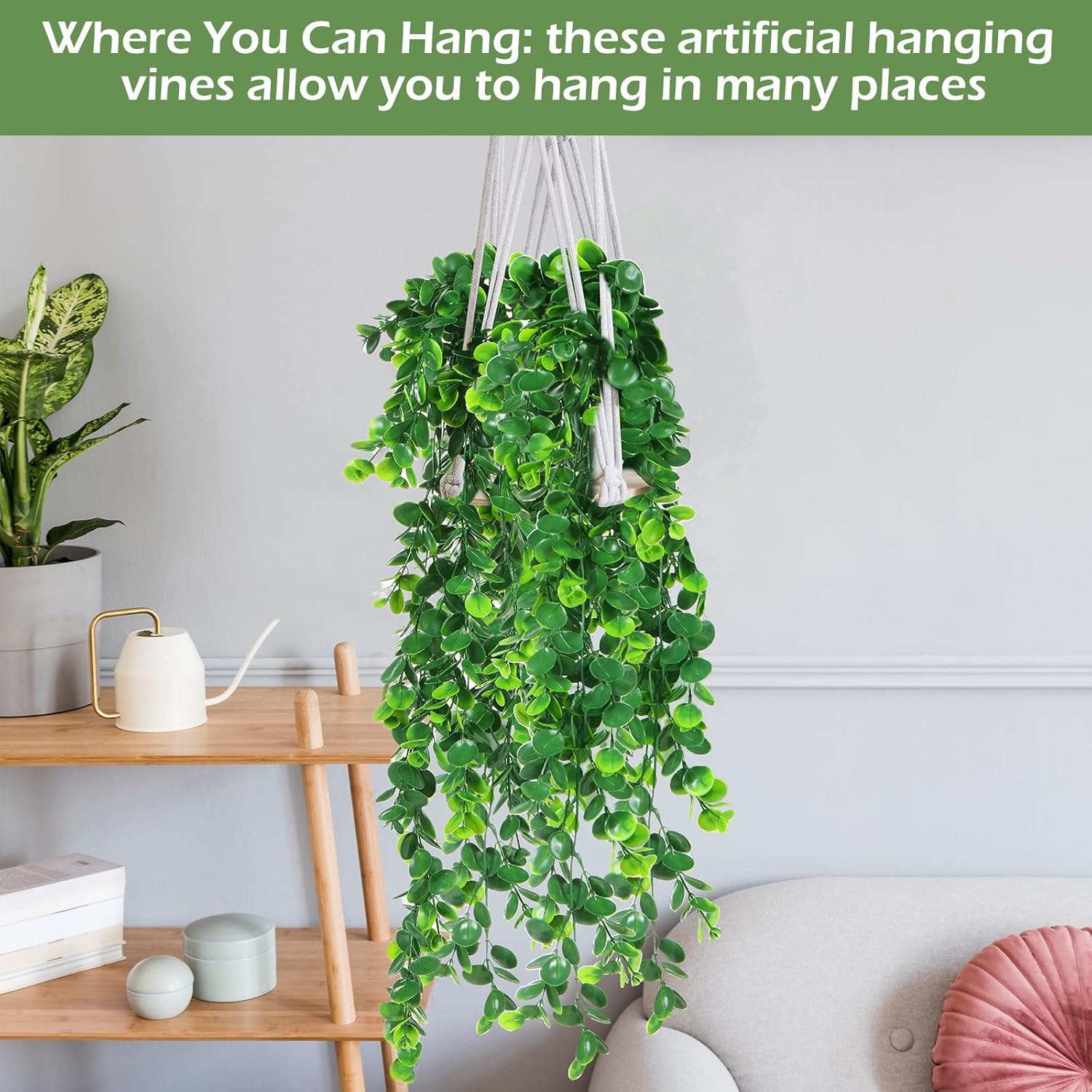 Hoteam 12 Pcs Artificial Hanging Plants 32 Inch Fake Ivy Vines with Fake Leaves Patio Artificial Plants Greenery for Living Room Indoor Outdoor Wall, No Basket (Eucalyptus) - Image 4
