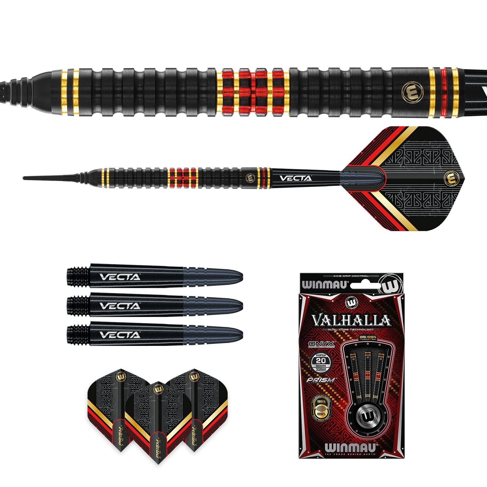 WINMAU Valhalla Set di Freccette in tungsteno Softip Professionale da 20 Grammi con Alette e steli (Asta)