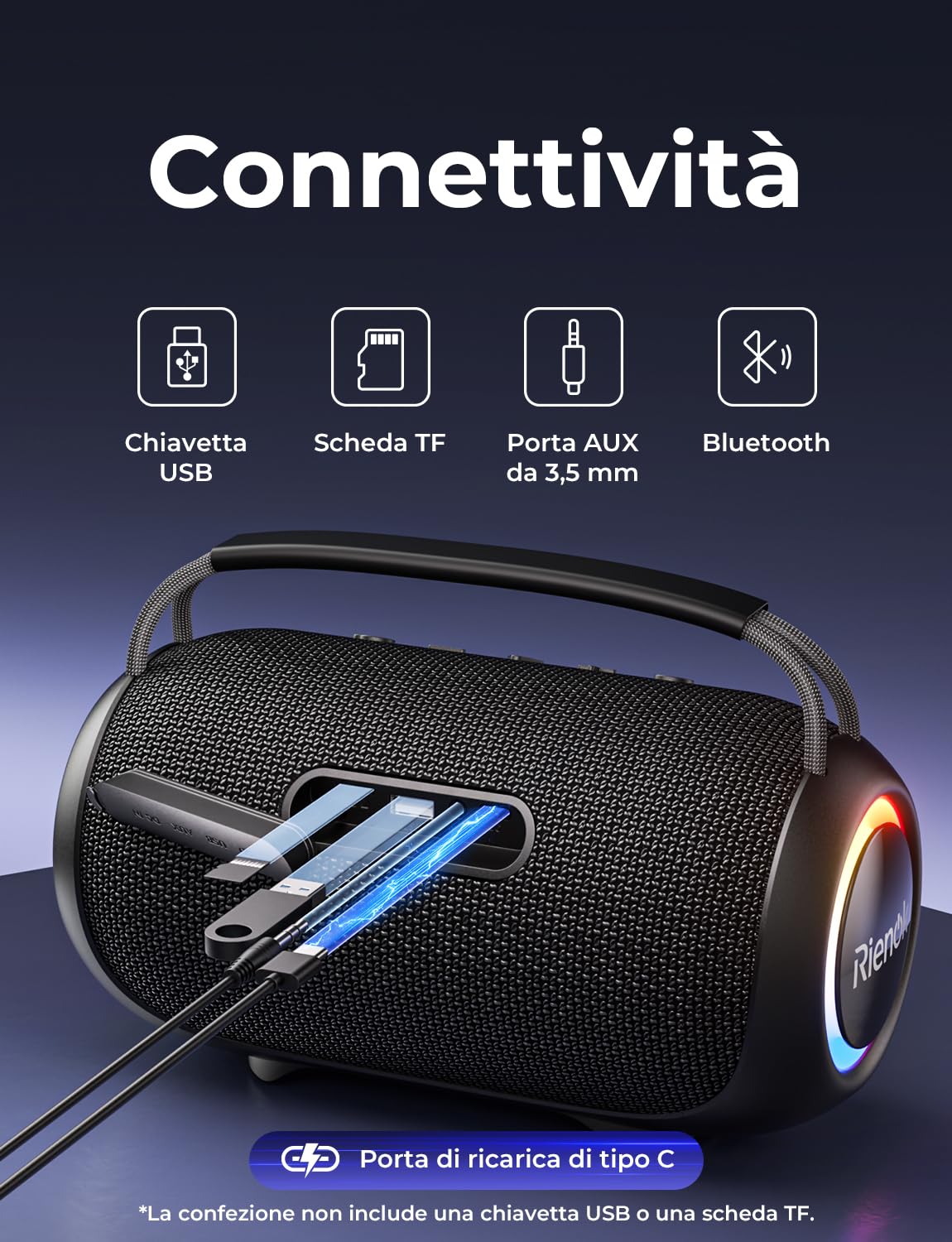 RIENOK Cassa Bluetooth Potente Portatile 80W Esterno Impermeabile IPX6, 30 Ore di Autonomia, Supporta Chiavetta USB/Scheda TF/AUX, Senza Fili Speaker Bluetooth per Feste Campeggio Spiaggia