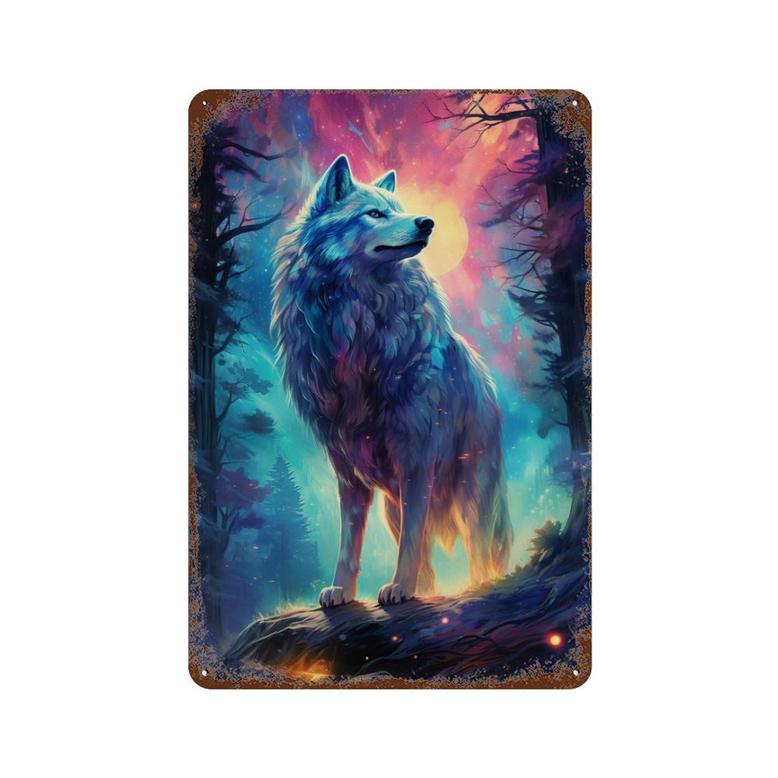 Rust Effect Enchanted Wolf Forest Art Print Rustic Tin Plaque 11.8"x7.9", Classic Wall Plaque for Shed, Workshop And Garage Wall Decor