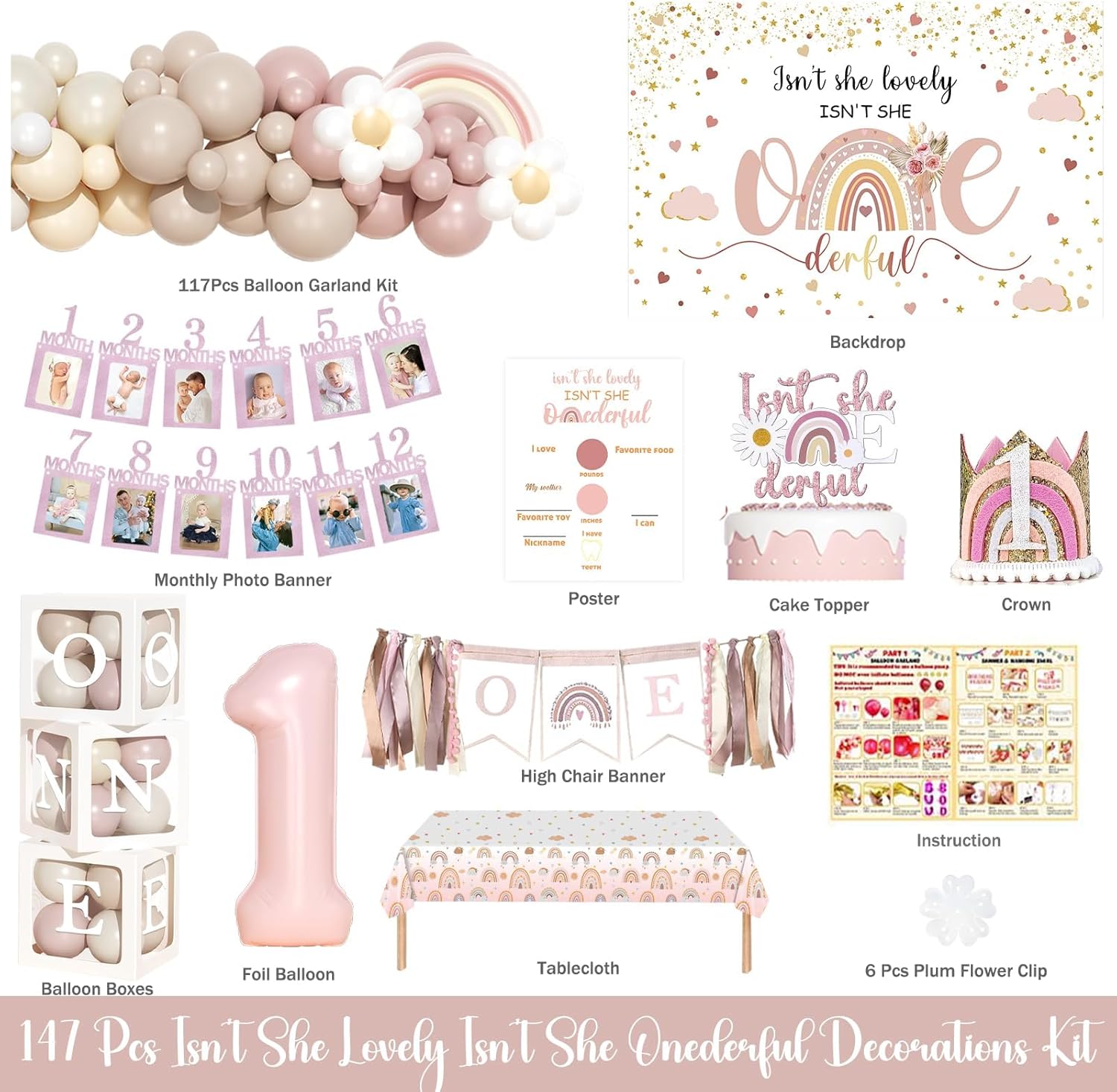 Isn't She Lovely Isn't She Onederful First Birthday Decorations, 147 PCs – Onederful 1st Party Supplies with Boho Rainbow Backdrop, Balloon Garland, Cake Topper, Daisy Foil Balloons