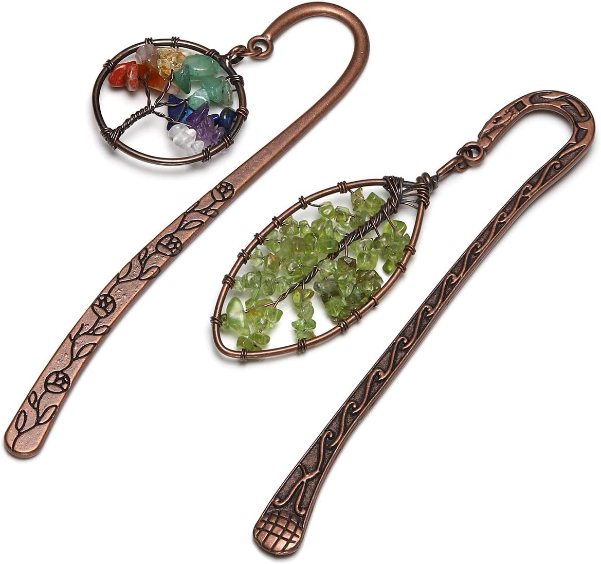 Jovivi 5pcs Antique Copper Metal Bookmark Beading Bookmarks with Handmade 7 Chakra Healing Crystals Tree of Life Tumbled Gemstones Assorted Beads