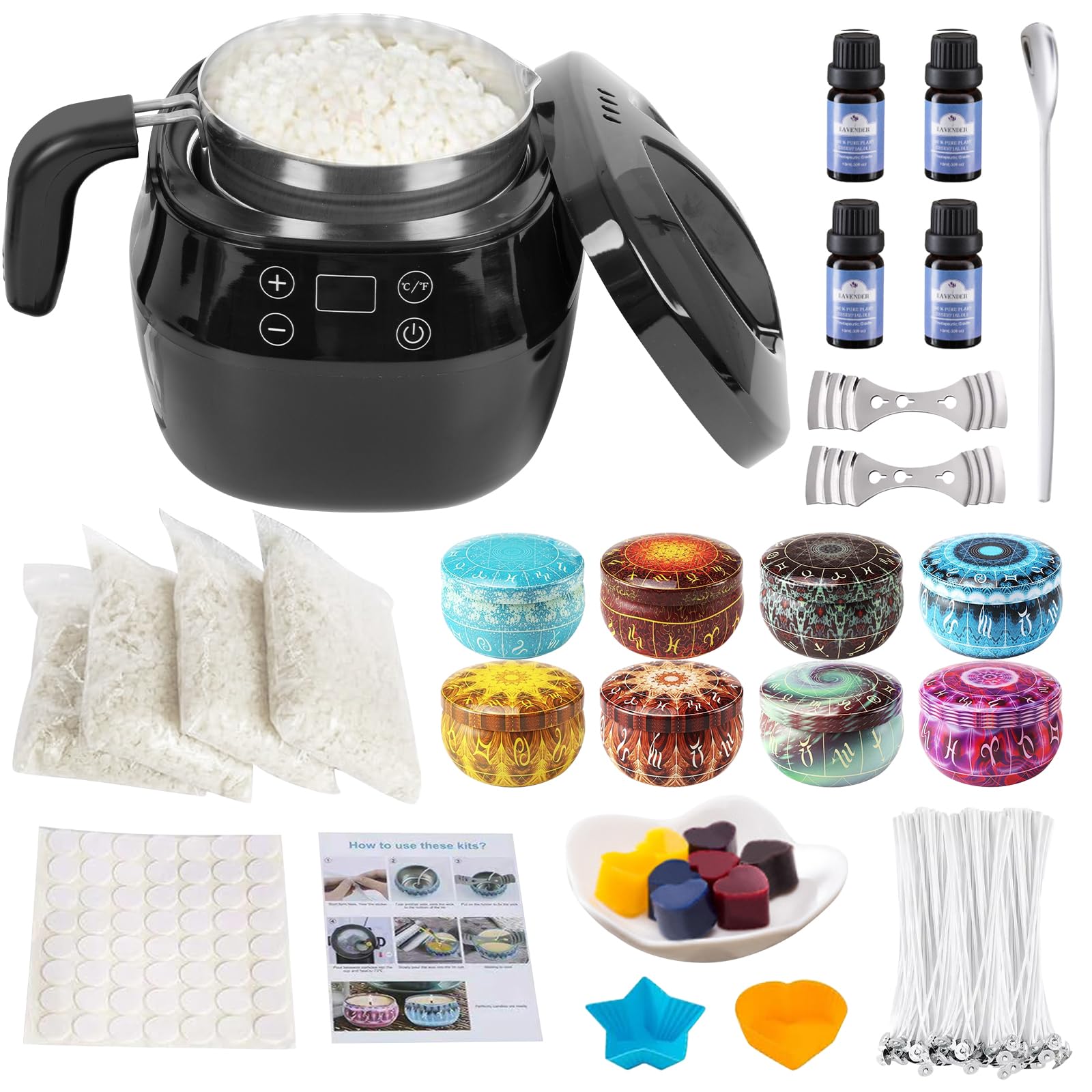 Set per candele fai da te, con 1 l, accessori per la produzione di candele – 480 g di cera di soia, 8 barattoli per candele, stoppini per candele, porta stoppini, adesivi per stoppini, set di candele