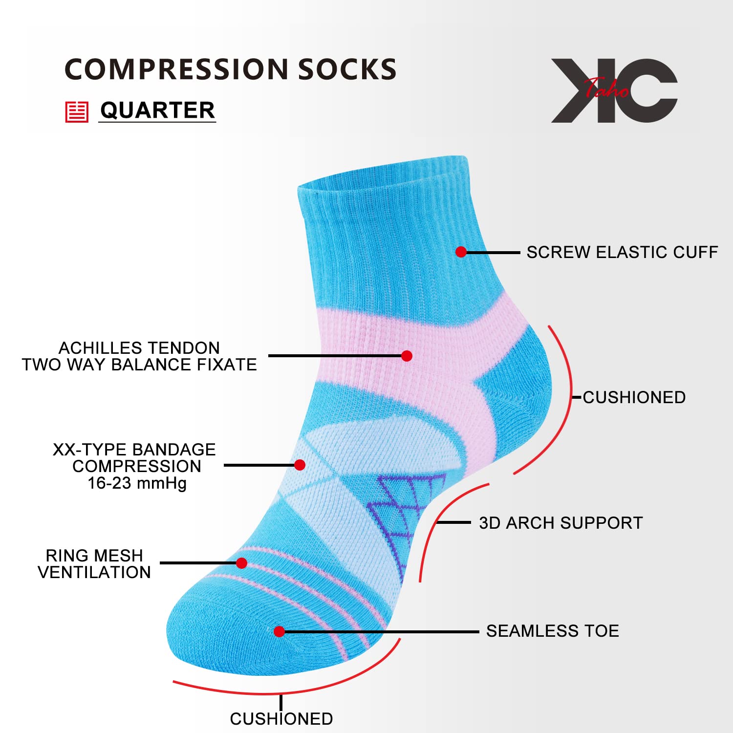 KC-TAHO Arch Support Socks - Light Compression Cushioned 4-Pack for Men & Women