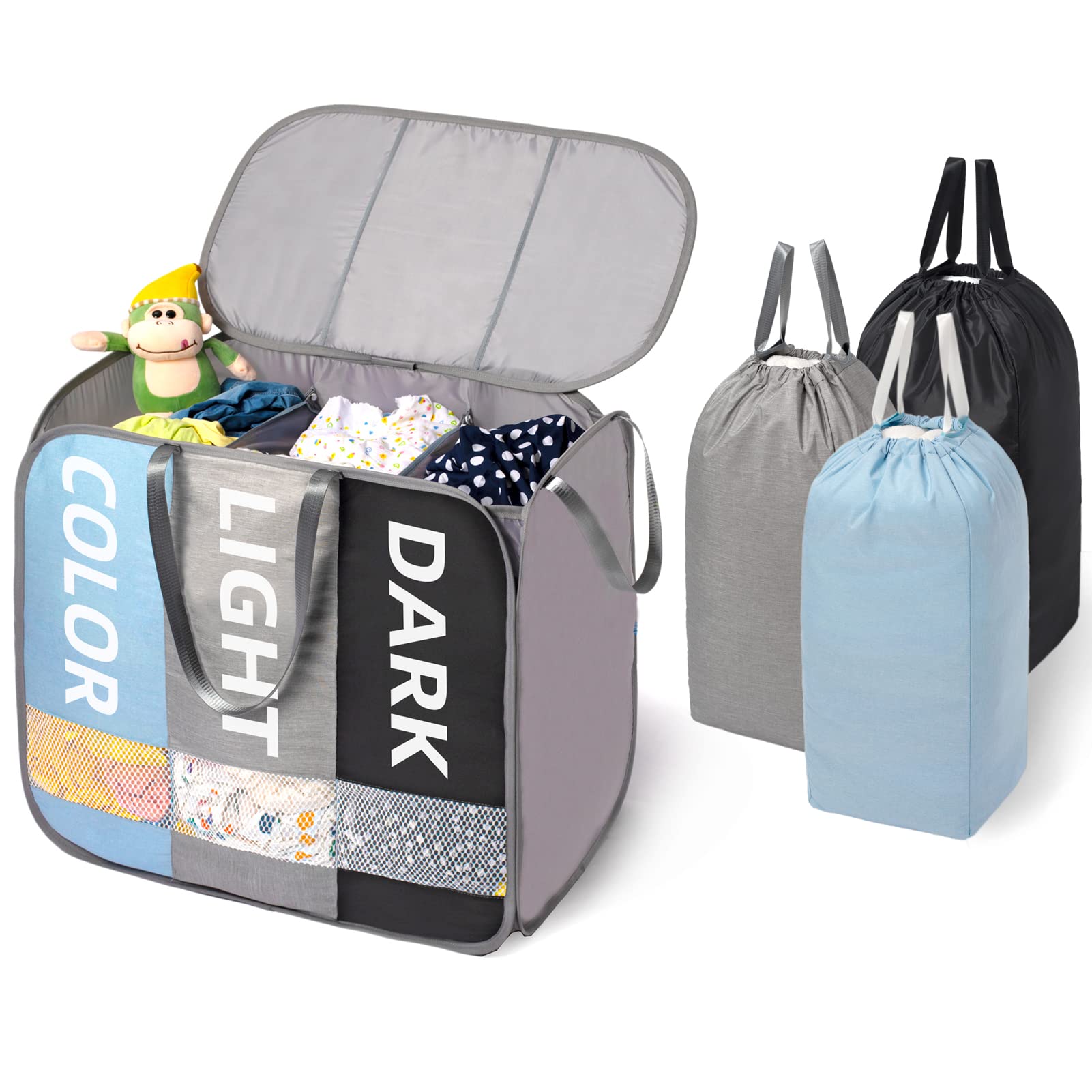 MinYee 159L Large Clothes Laundry Hamper With 3 Sections And Lid, Lightweight Foldable Laundry Basket, Collapsible Laundry Sorter For Bedroom, Bathroom, Nursery Room And Dorm