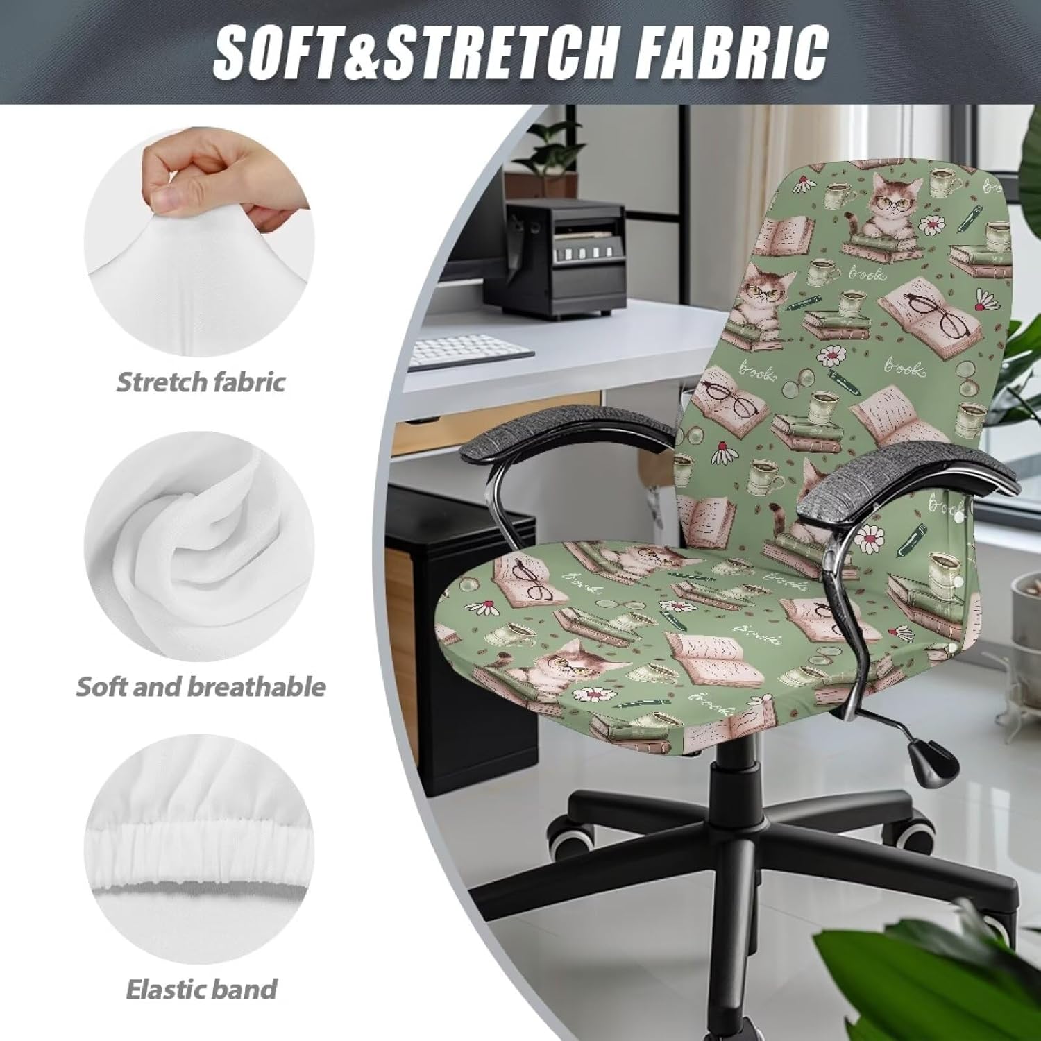 Wanyint Cat Glasses Book Flower Green Office Chair Cover Spandex Computer Desk Chair Cover Anti-Slip Decorative High Back Chair Slipcover with Elastic Bottom Home Office Decor, L