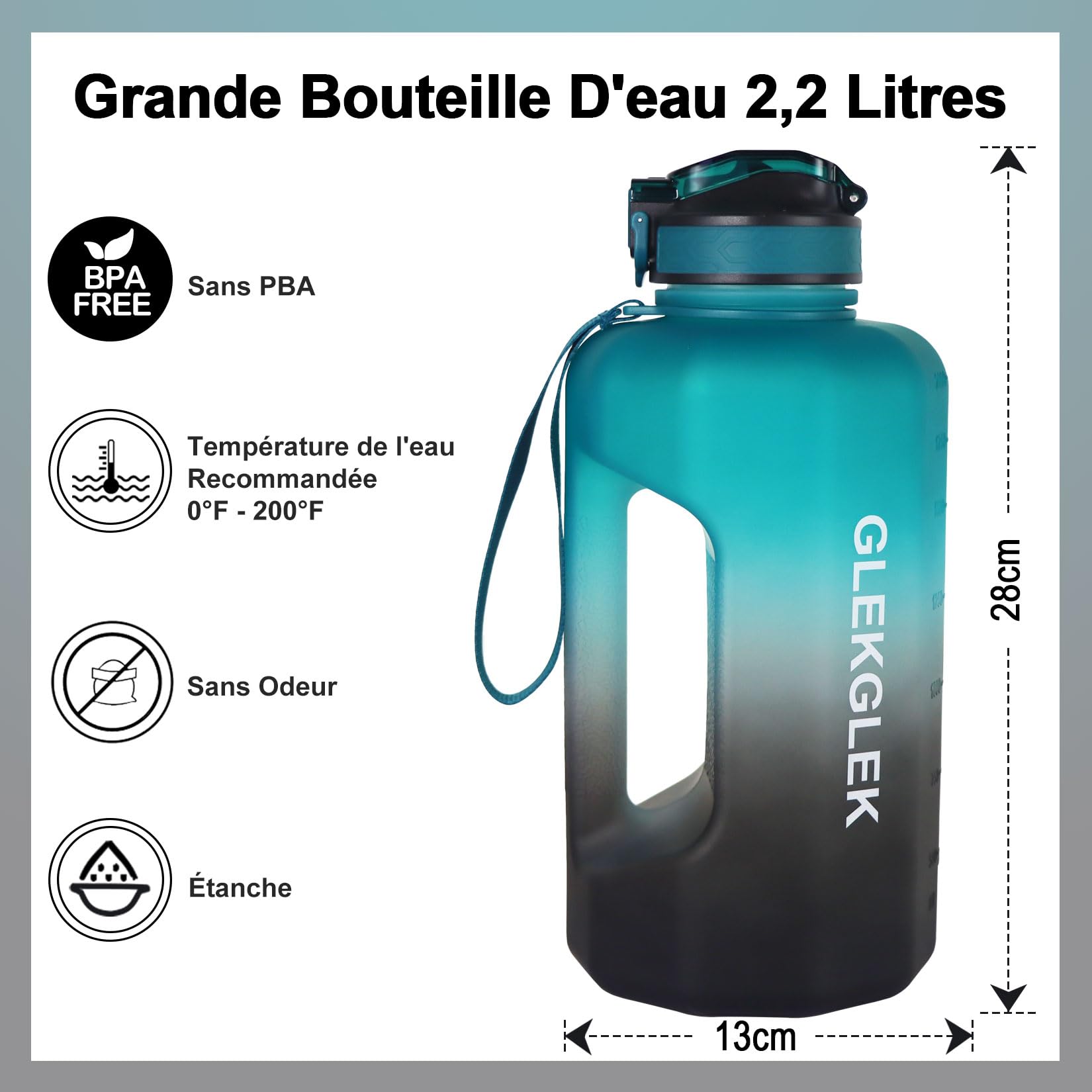 Gourde 2,2L avec Paille, Gourde Motivation Sans BPA | Grande Capacité, Ouverture Large, Salle de Sport, Hydratation Quotidienne