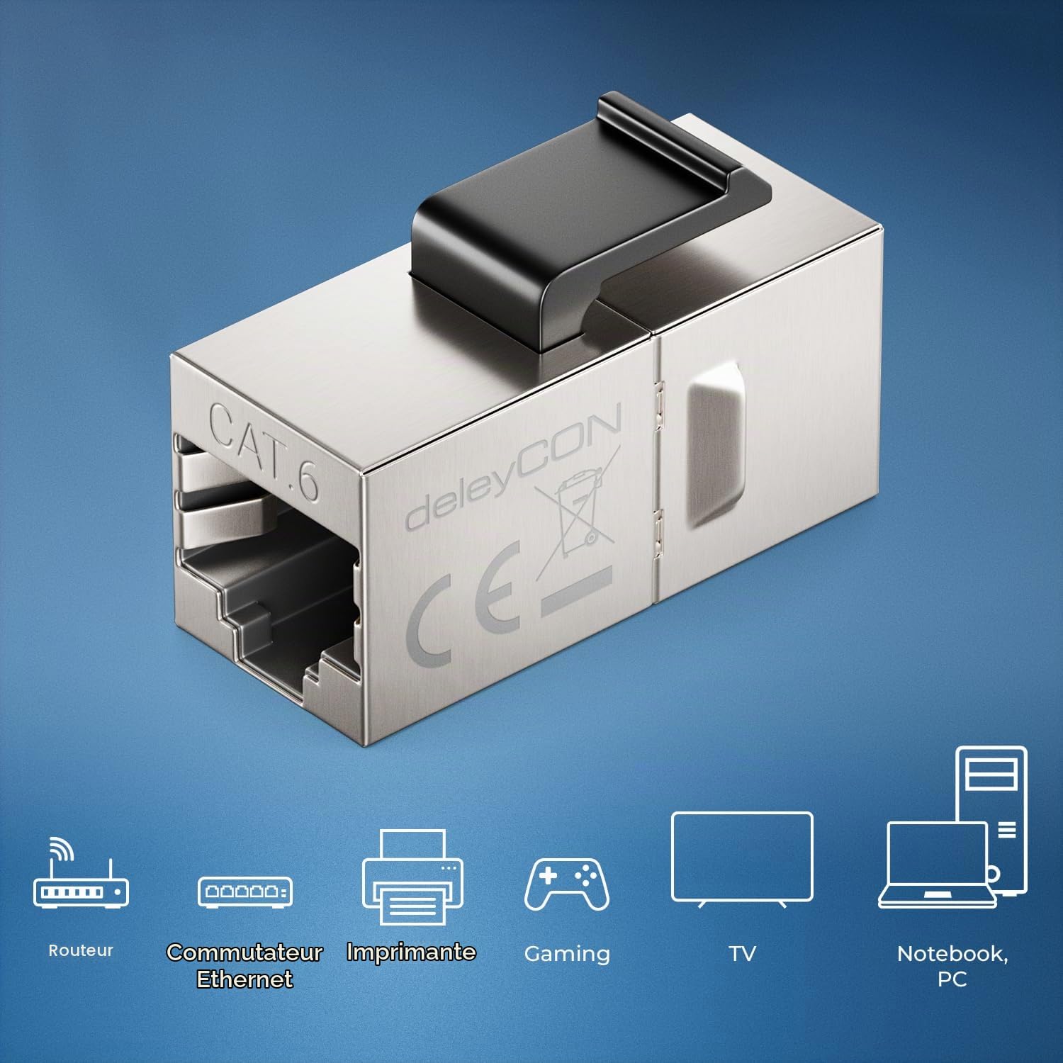 deleyCON Connecteur Keystone RJ45 CAT6 (Lot de 48 Pièces) - STP, RJ45 Prise vers Prise, 1 Gbit/s, 250 MHz, Coupleur LAN 1:1, Cuivre Nickelé - Argent