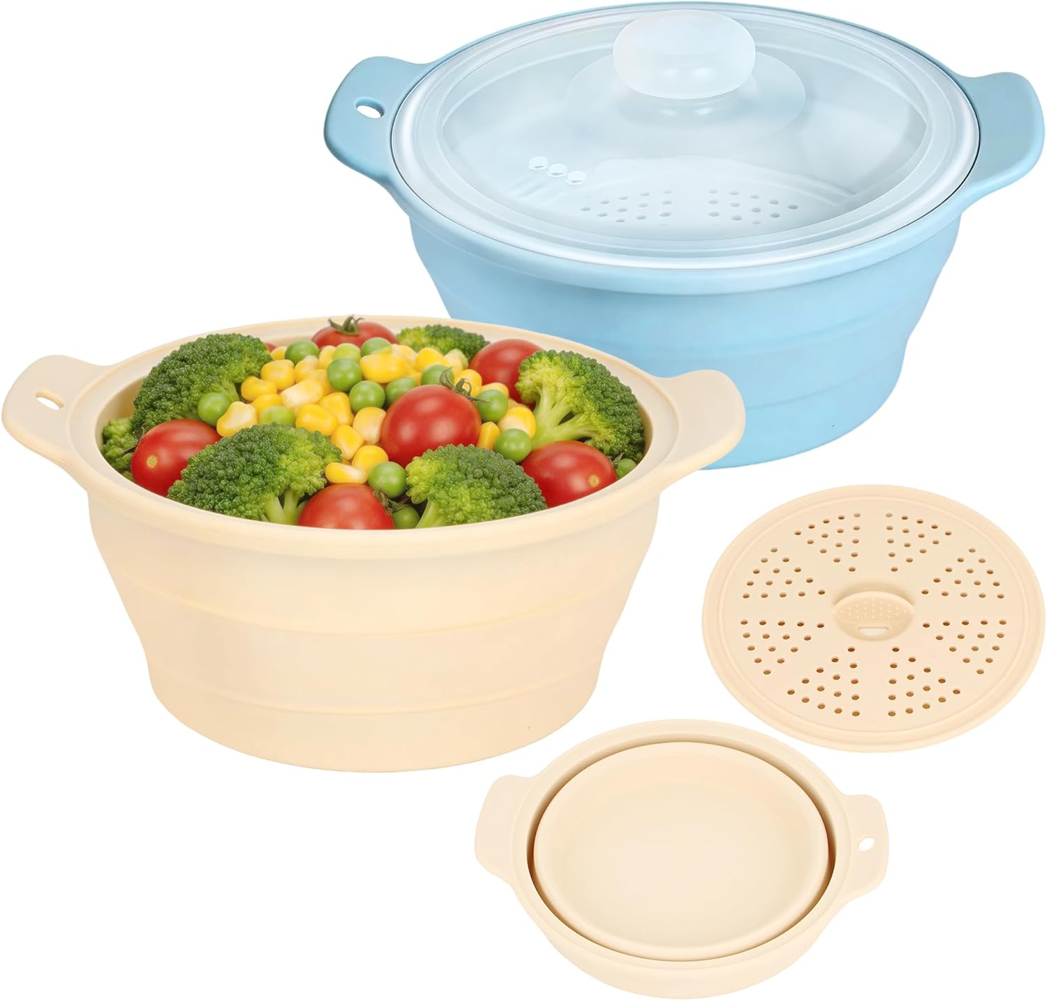 2 Pack Microwave Vegetable Steamer, 42oz Large Collapsible Silicone Steamers With Lid & Removable Rack, Food-grade Veggie Steamer Basket for Broccoli, Dumplings, Fish, Dishwasher & Freezer Safe