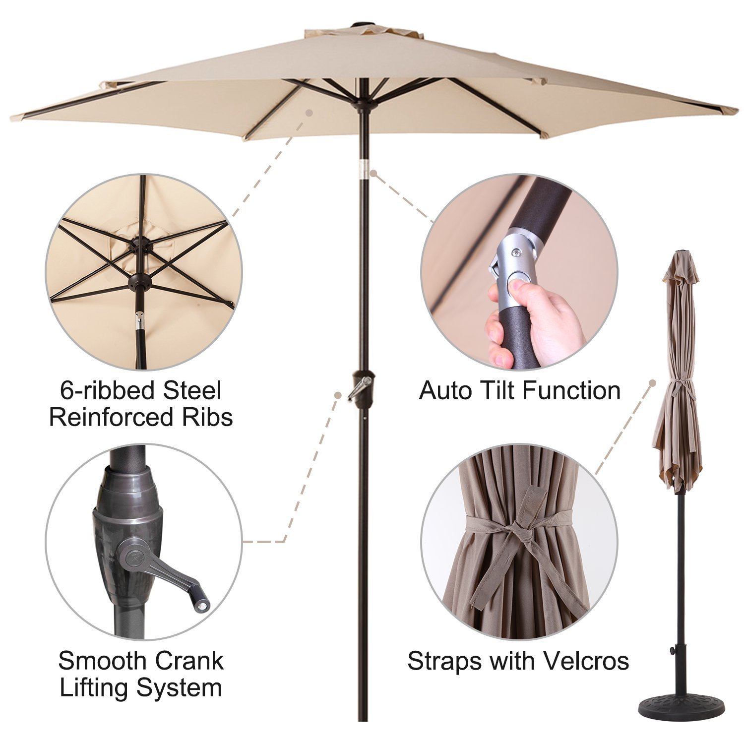 Amazon.com : Grand patio 9 Feet Patio Umbrella, Outdoor Market Umbrella with Push Button Tilt and Crank, 6 Ribs, Beige : Patio, Lawn & Garden