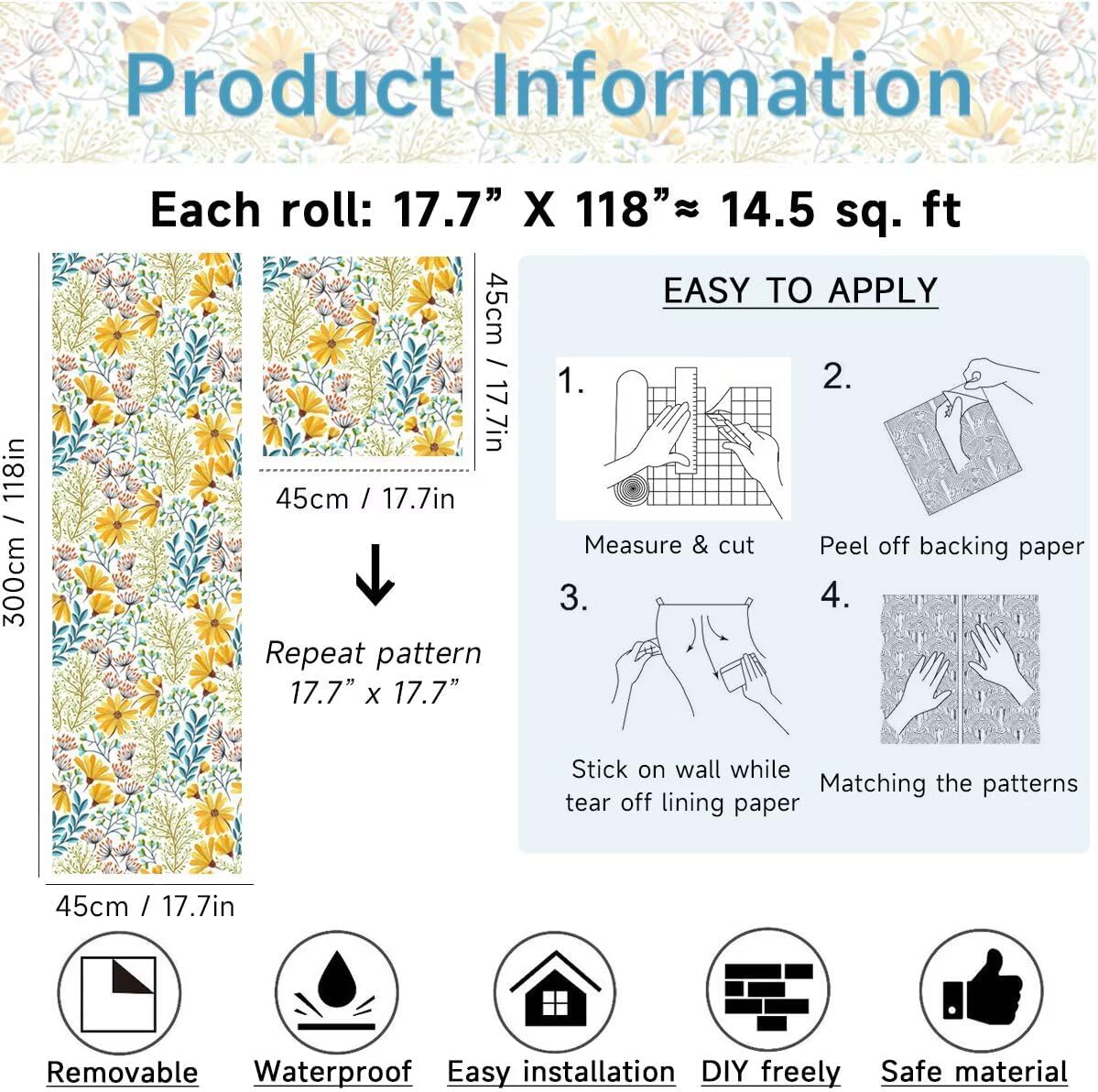 Botanical Floral Wallpaper Peel & Stick, 17.7" x 118" Self-Adhesive Vinyl Contact Paper Waterproof Home Decor Wall Covering Removable DIY Makeover for Bedroom, Living Room, Kitchen