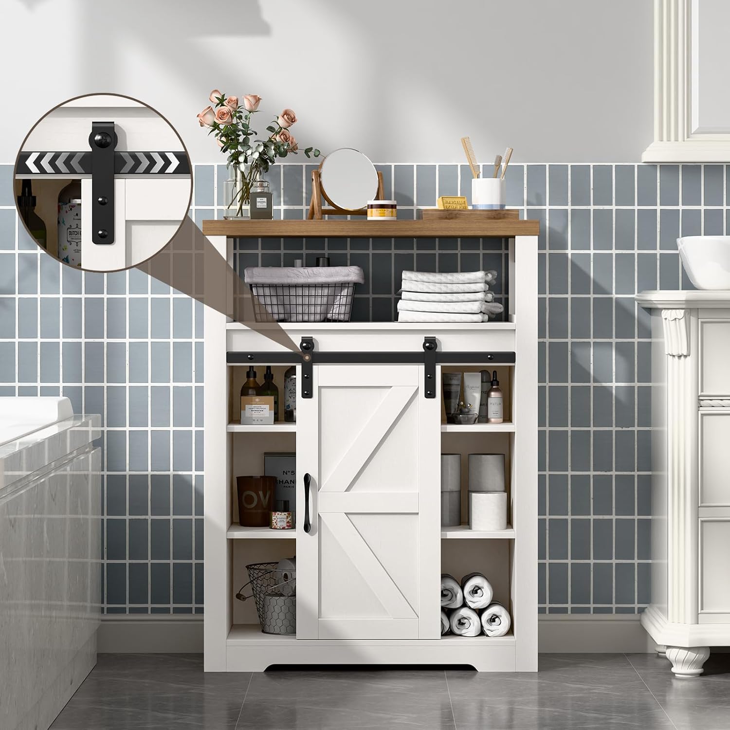 Halitaa Farmhouse Bathroom Floor Cabinet in a bathroom setting