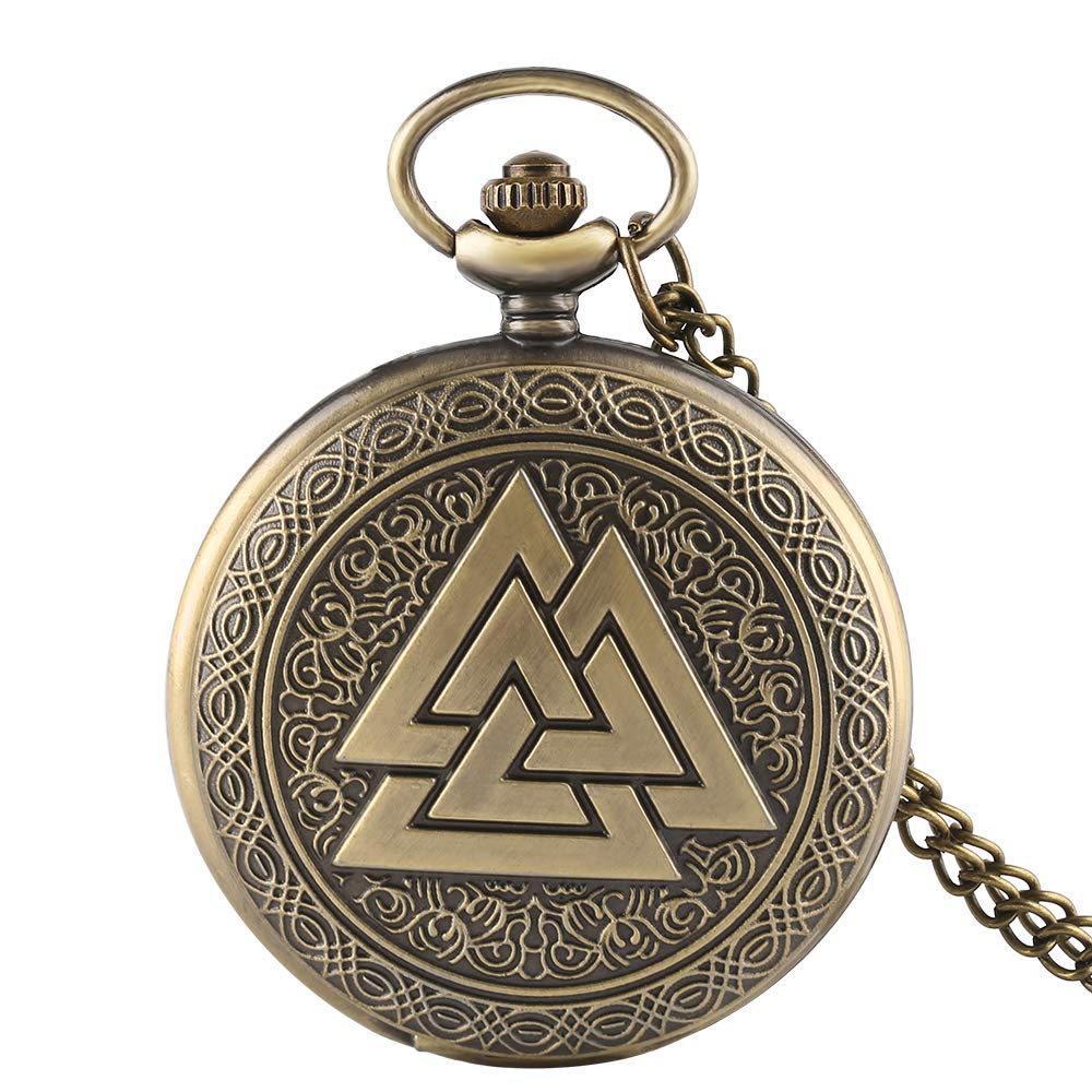 Engraved Pocket Watch, Vintage Triangle Valknut Norse Vikings Bronze Quartz Pocket Watch Necklace Chain Three Interlocking Fob Watch