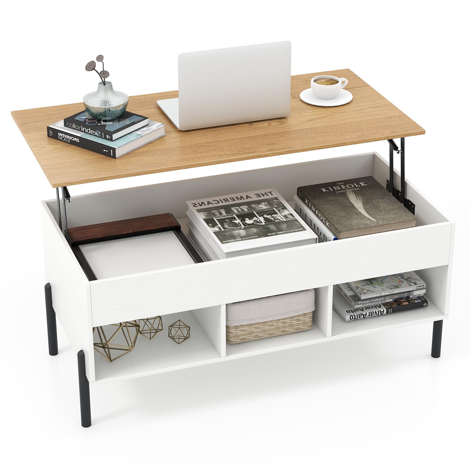 COSTWAY Lift Up Top Coffee Table, Wooden Lifting Cocktail Center Table with Hidden Storage Compartment, Open Shelf and Metal Legs, Rectangle Accent Sofa Side Tea Tables for Living Room (White+Natural)