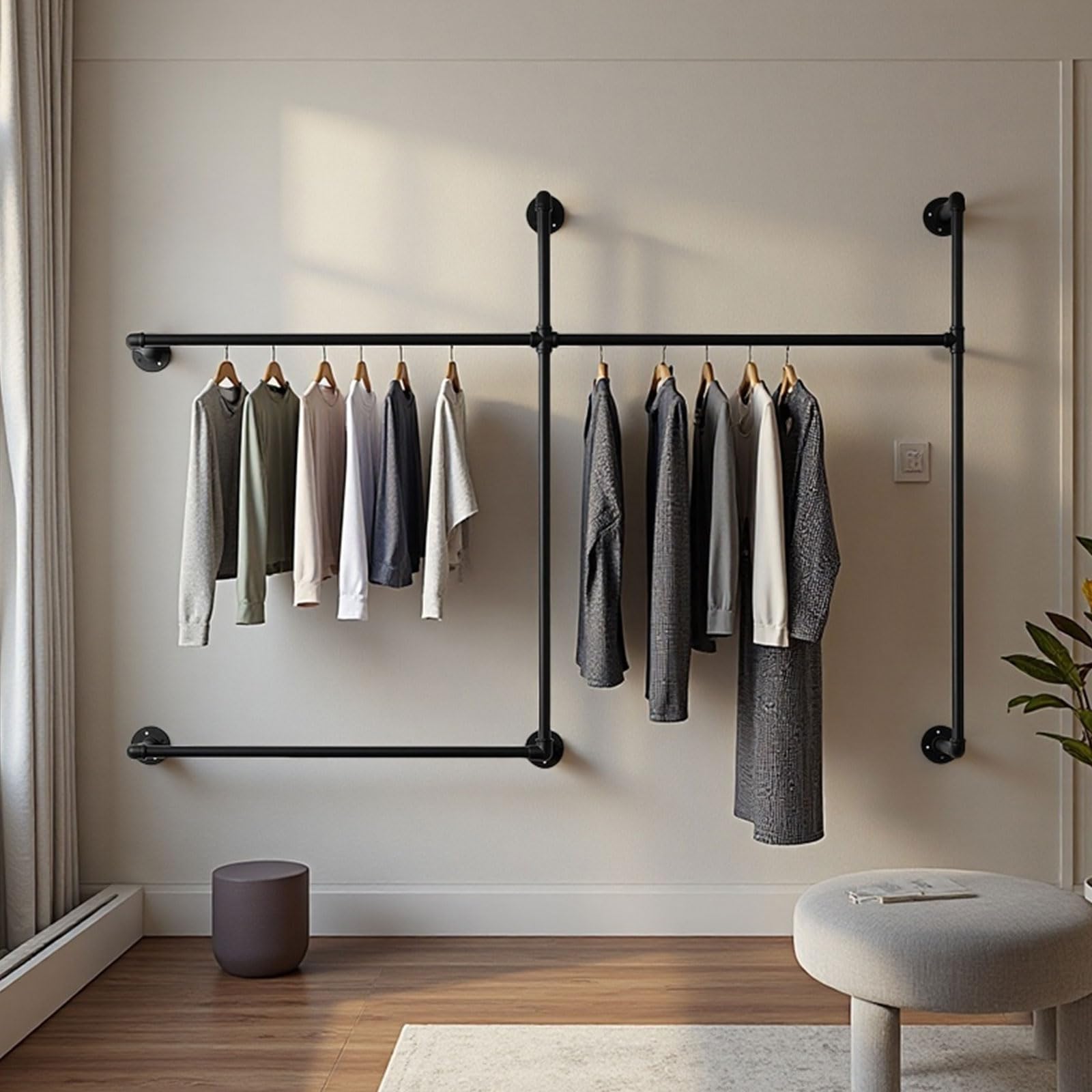 Gemsaya Industrial Pipe Clothing Rack, Heavy Duty Wall Mounted Clothes Rack for Hanging Clothes, Adjustable Industrial Pipe Rack Rail, Multi-Purpose Clothing Garment Bar Rail with 3 Hanging Rod