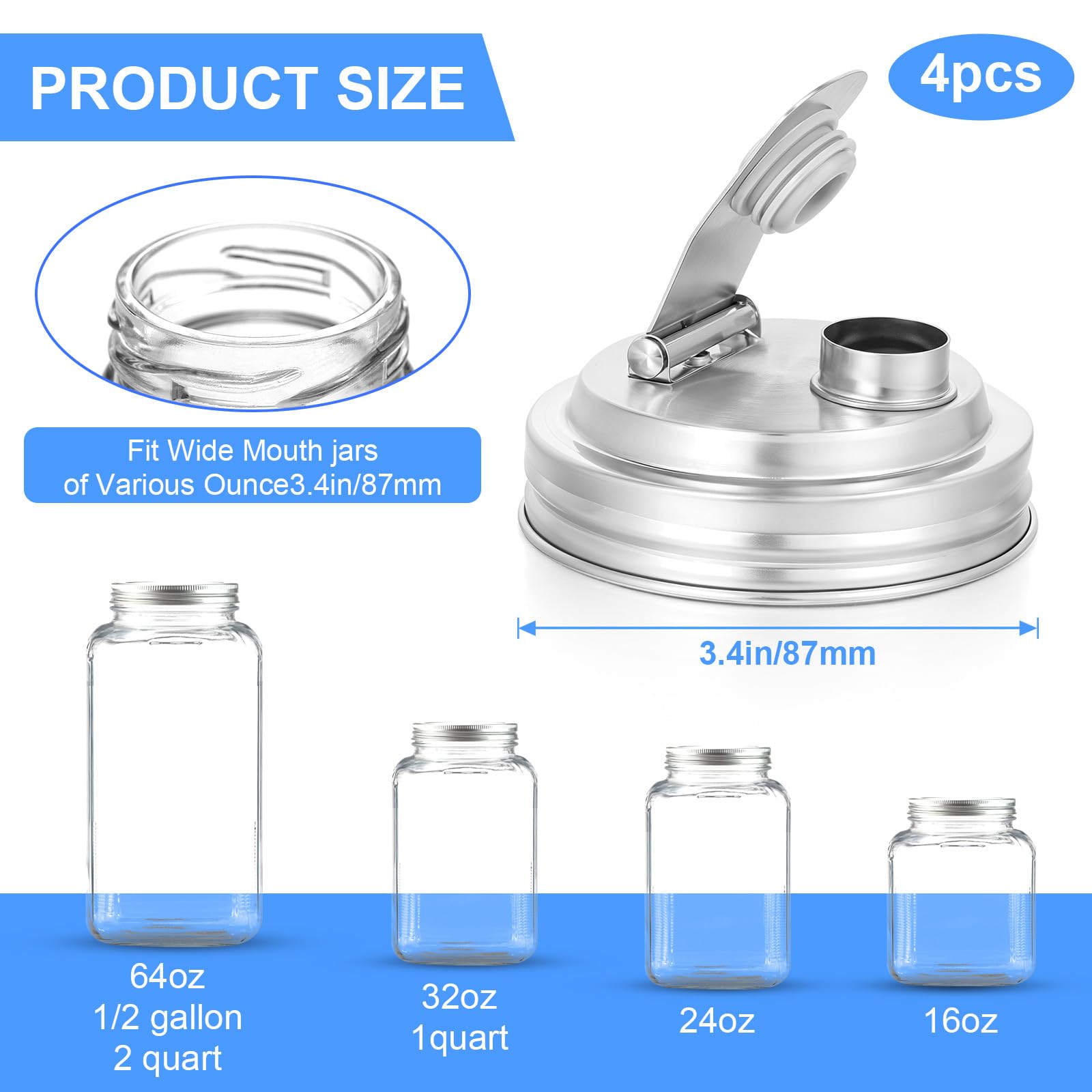 4 Pack Stainless Steel Wide Mouth Mason Jar Flip Grouting Spout Lids,Wide Mouth Mason Jar Lids with Handle, for Home Brewing Fruit Fermenting Drinks Airtight