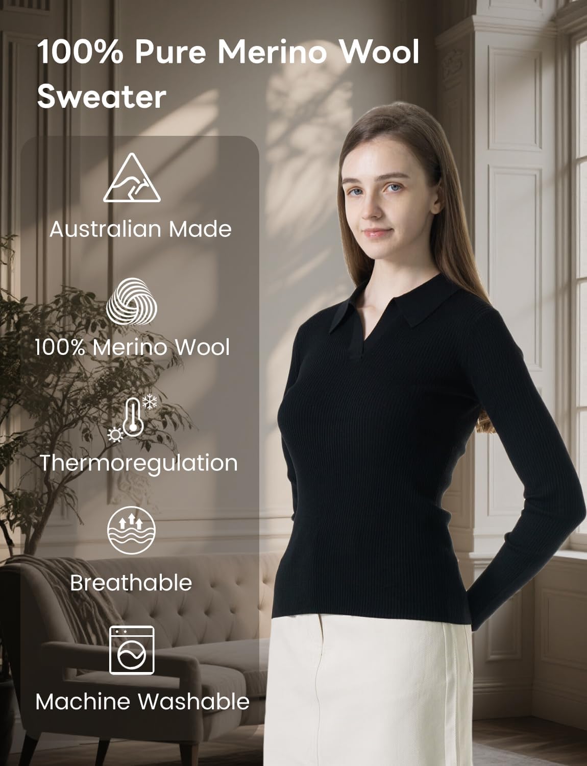 100% Merino Wool Sweaters Women V Neck Long Sleeve Pullover Lightweight Softknit Wool Shirt Women's Warm Tops - Image 3
