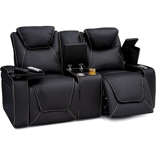 Seatcraft Vienna Home Theater Seating- Living Room - Italian Leather - Power Recline - Power Headrest - Powered Lumbar - USB Charging - Cup Holders - (Loveseat with Storage Console, Black)