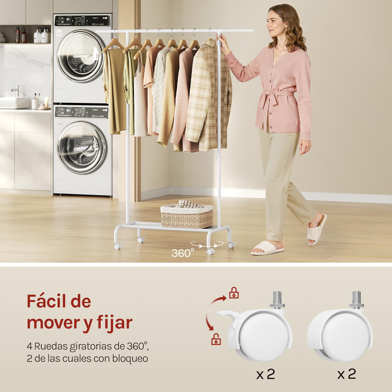 WOLTU Perchero Burro Ropa, Perchero de Pie con Ruedas, Barra Extansible y Estente de Almacenaje de Tela Oxford, Metal, Capacidad 70 kg, (84-124) x40x156 cm, para Dormitorio y Entrada, Blanco