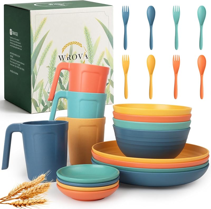 Wrova Wheat Straw Dinnerware Sets 24-Piece, Kids Plates and Bowls Sets | Unbreakable Dishes Set for 4, Microwave Safe Kitchen Plates and Bowls Set, Sauce Dish,Mug Set,Cutlery for Camping, Colorful