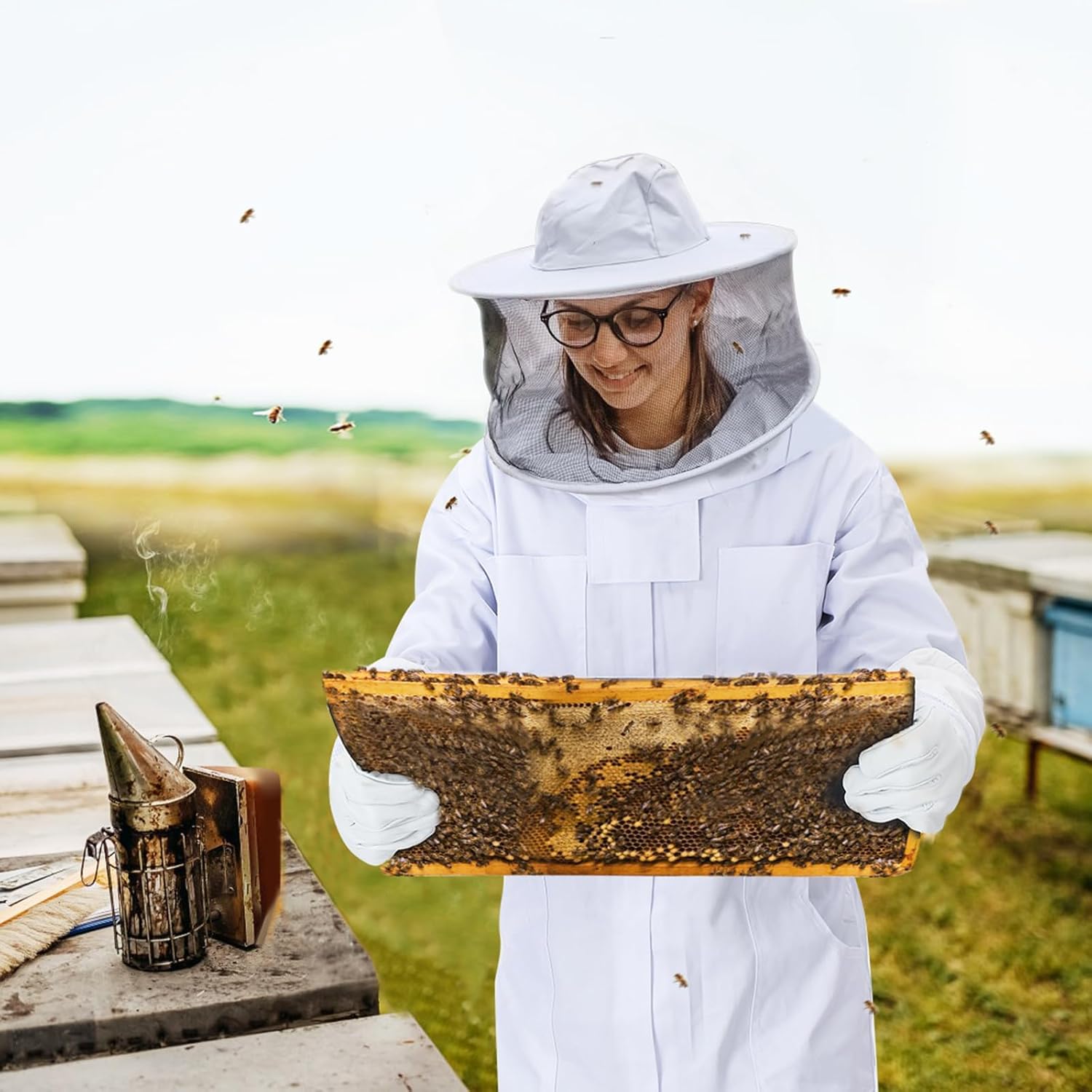 Bee Suit for Men Women with Fencing & Round Veils, Sting Proof Beesuits Beekeeper Kit with Gloves Full Body Beekeeping Supply