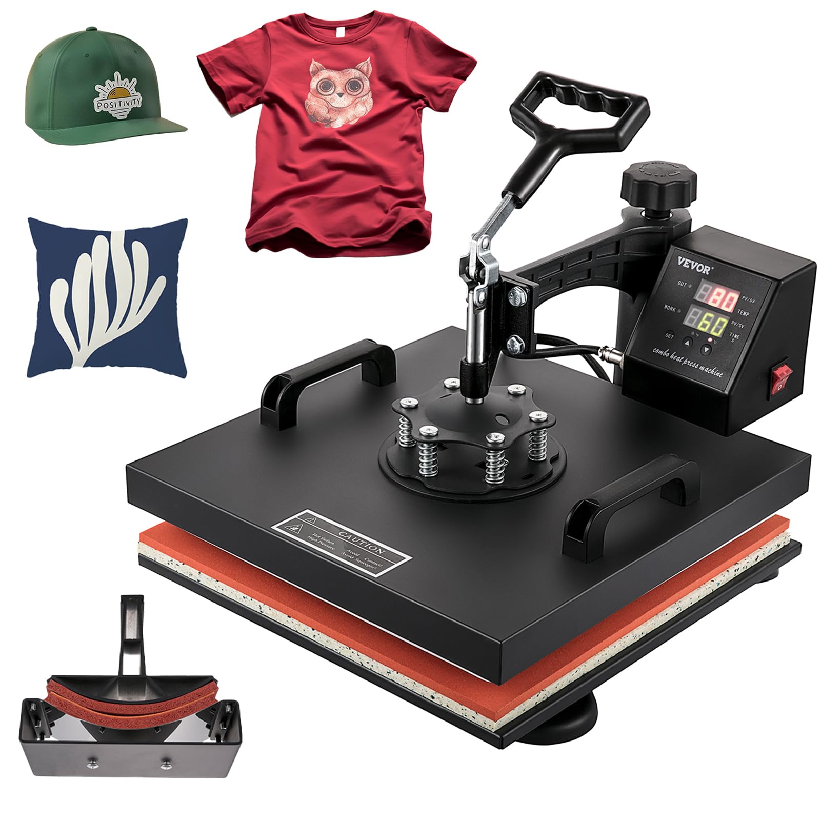 Photo 1 of VEVOR 2 in 1 Heat Press Machine 15x15 inch with Hat Press 6x3 Inch 360-Degree Swing Away Digital T Shirt Pressing Machine Multifunction Heat Transfer Sublimation Combo for T-Shirt Hat Cap Pillow Bag 15x15inch 2in1