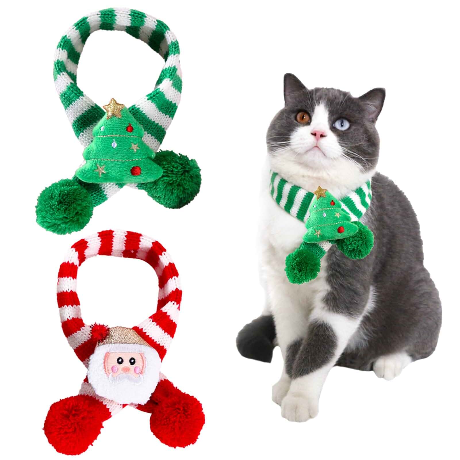 2 Pieces Christmas Pet Scarf Striped Knitted Pet Collar with Pom-pom Winter Dog Neck Warmer Puppy Cat Costume Accessories Mini Knitted Scarf for Small to Medium Pets (Small, Plush) Striped