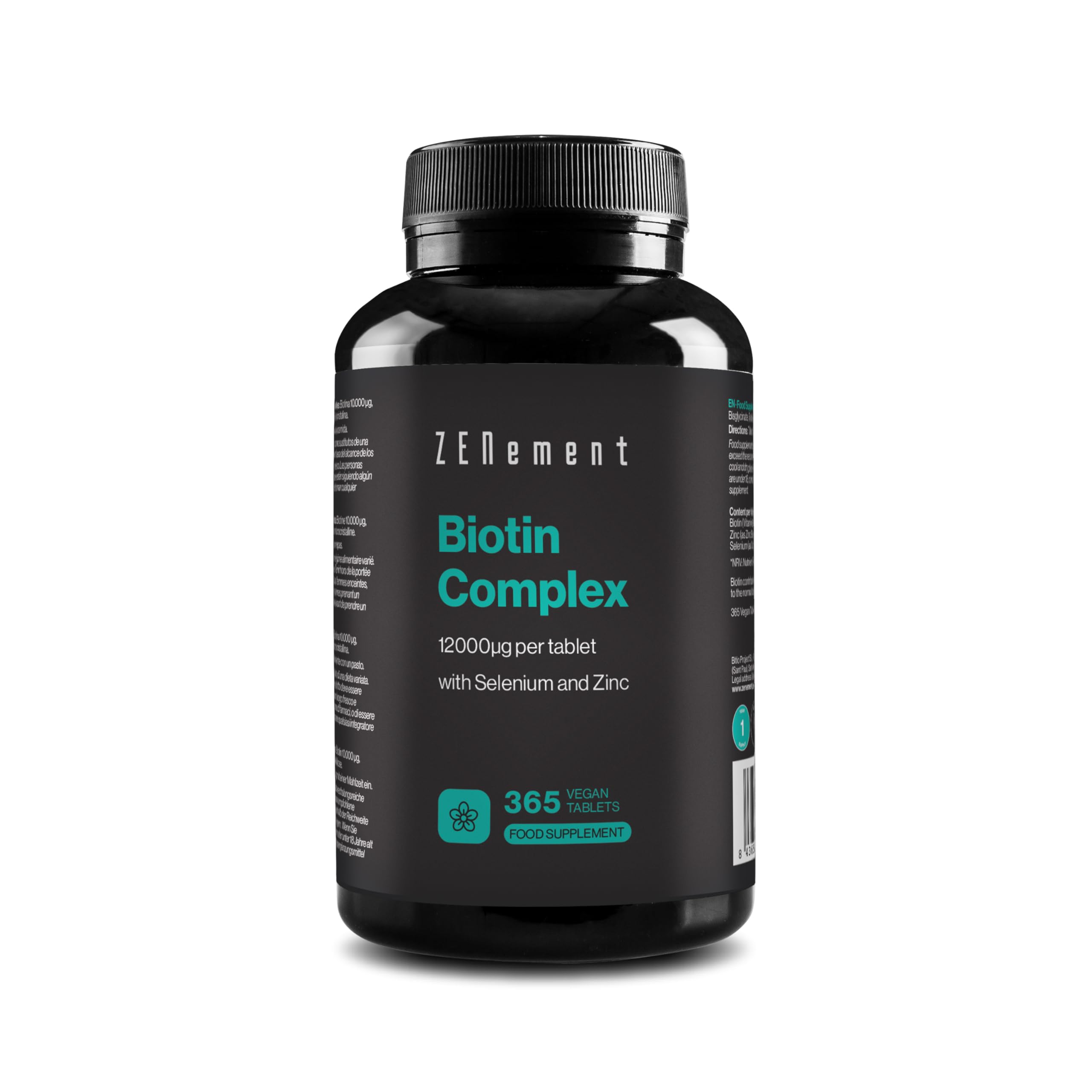 Biotin Tablets 12000 mcg High Strength with Zinc and Selenium - 365 Vegan Tablets (1-Year Supply) - Skin Nails Hair Vitamins - Biotin Complex from Zenement