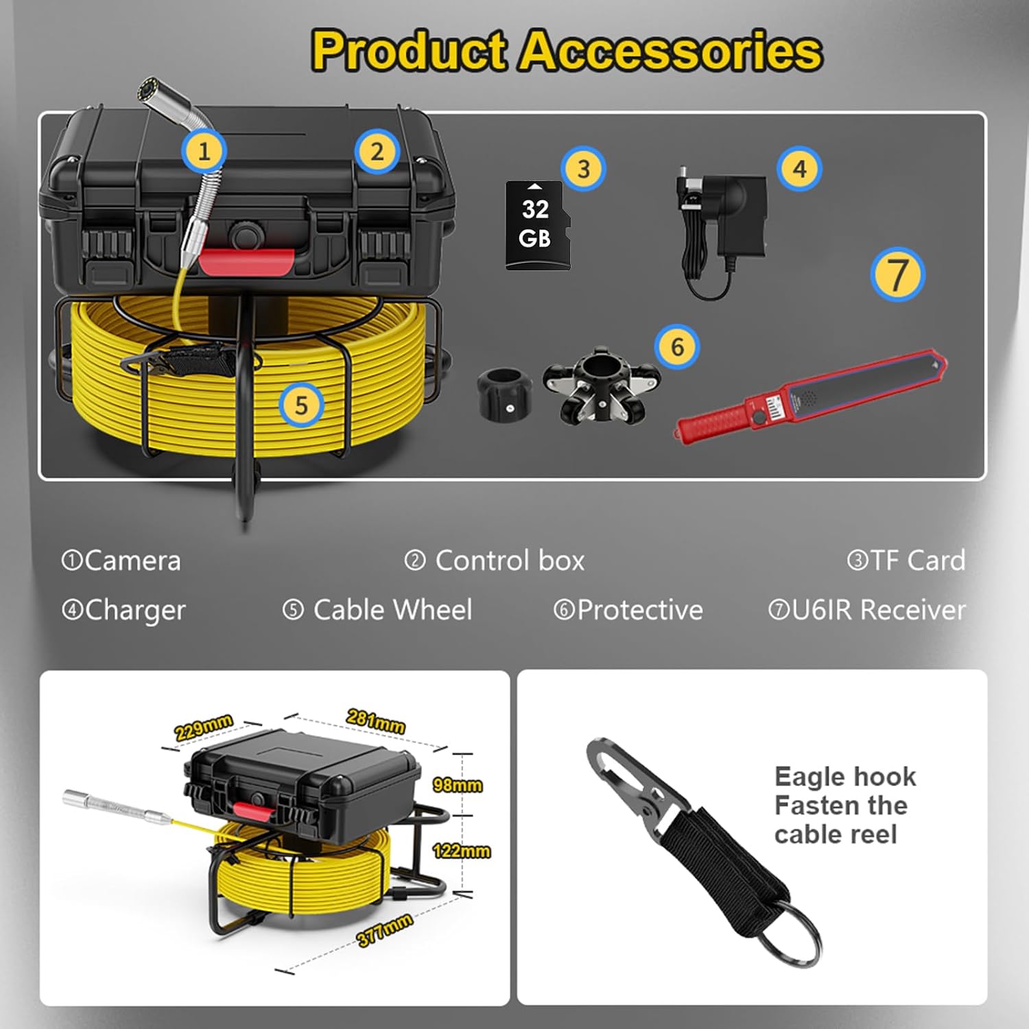Sewer Camera with 512Hz Locator, Pipeline Inspection Camera with 7inch Monitor and 98ft/30m Cable, IP68 Waterproof DVR Recording with 32GB SD Card for Sewer Line, Home, Duct Drain Plumbing