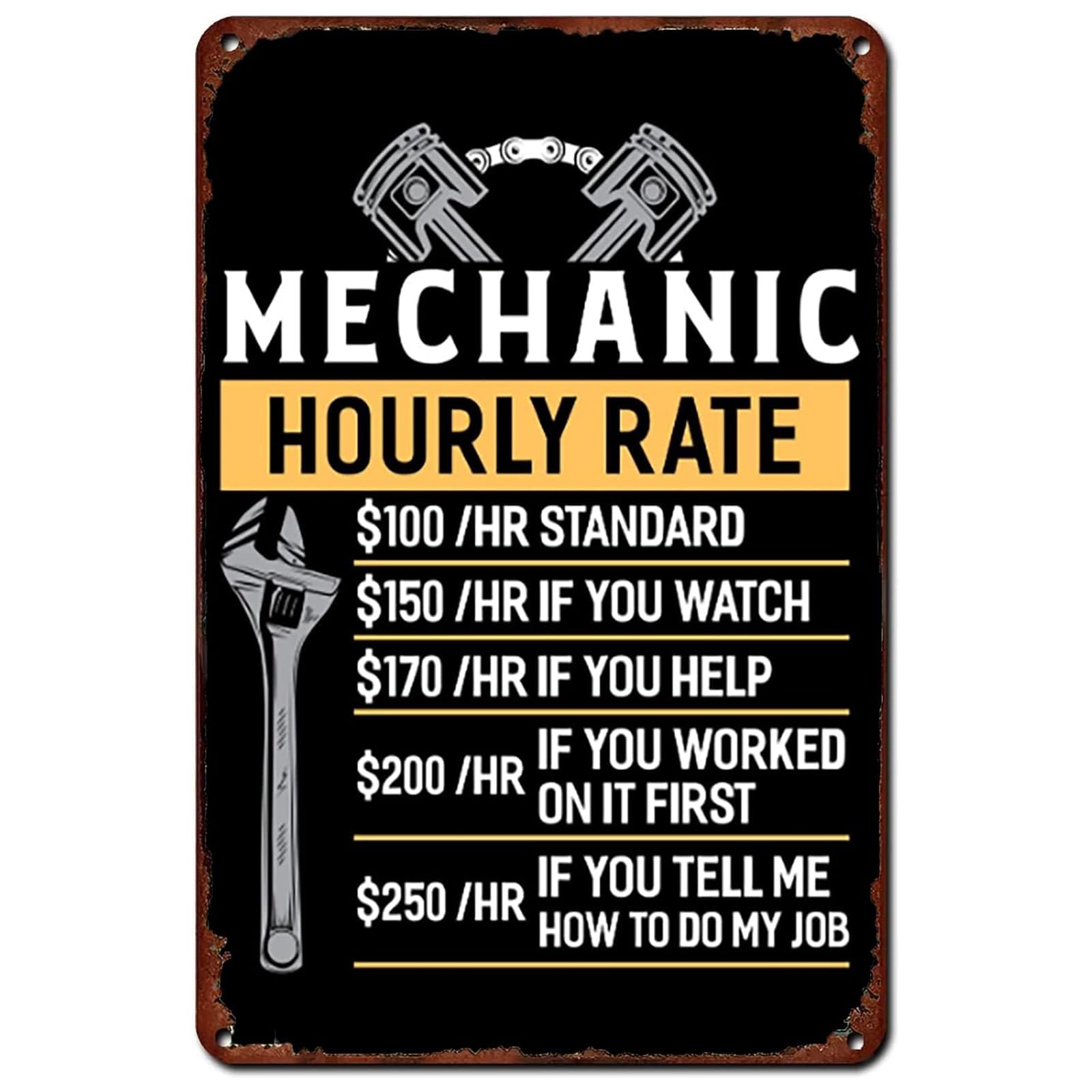 Vintage Metal Tin Sign, Mechanic Hourly Rate Retro Garage Wall Decor, 12x8 Inch