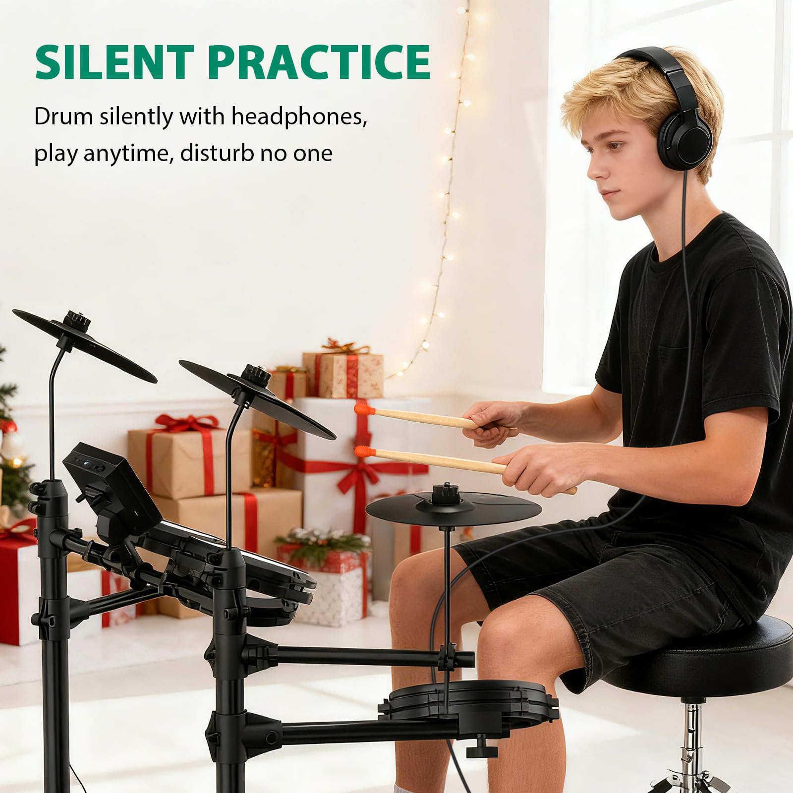 AiJoy Elektrisches Schlagzeug-Set für Anfänger – 4 leise Mesh-Pads, Dual Zone Snare, 15 Schlagzeug-Kits & 200+ Sounds, 9,5-Zoll-Becken, inklusive Thron, Sticks & Kopfhörer, perfektes Kit zum Üben