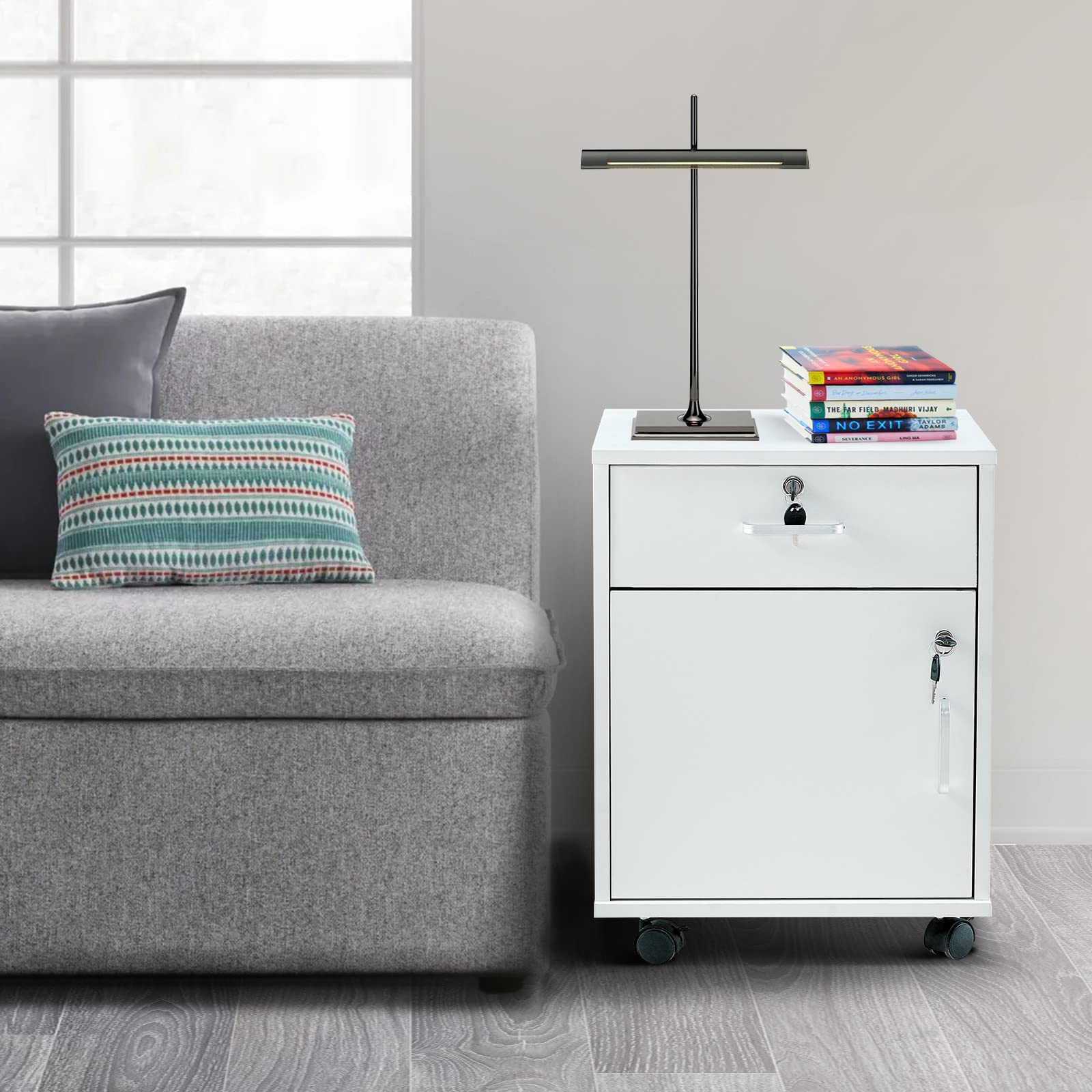 CLIPOP Rollcontainer Abschließbare Aktenschrank Holz mit Schublade und Geschlossenem Speicher,Mobile Unter Schreibtisch Schrank für A4 Papier und Aktenordner,Weiß