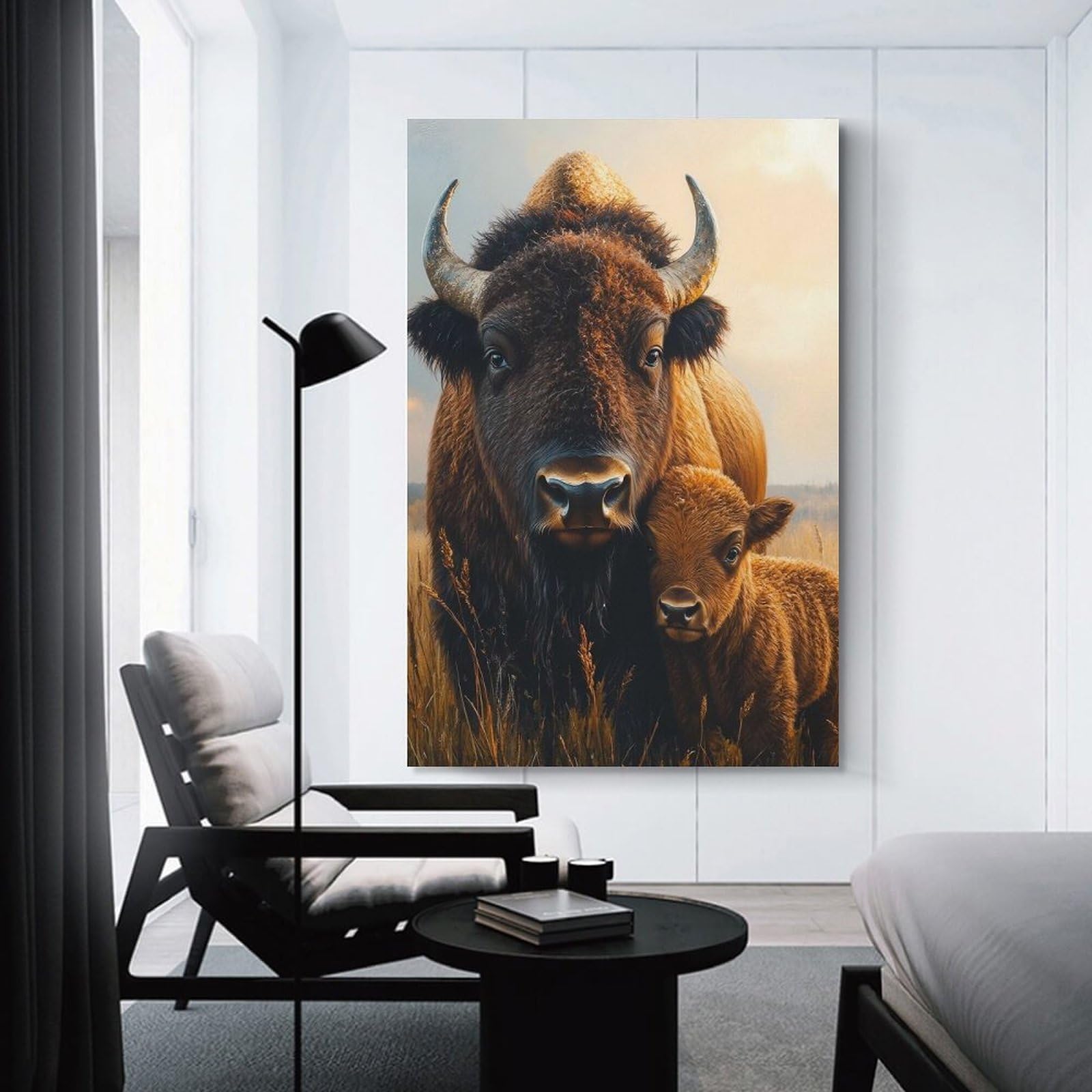 Junmoney Unframe-Style-15 Bison Mother And Calf Portrait Room Decor Wall Art, 24X36inch(60X90cm), For Living Room, Bedroom, Office Or Hallway, Decorative Artwork With Broad Appeal