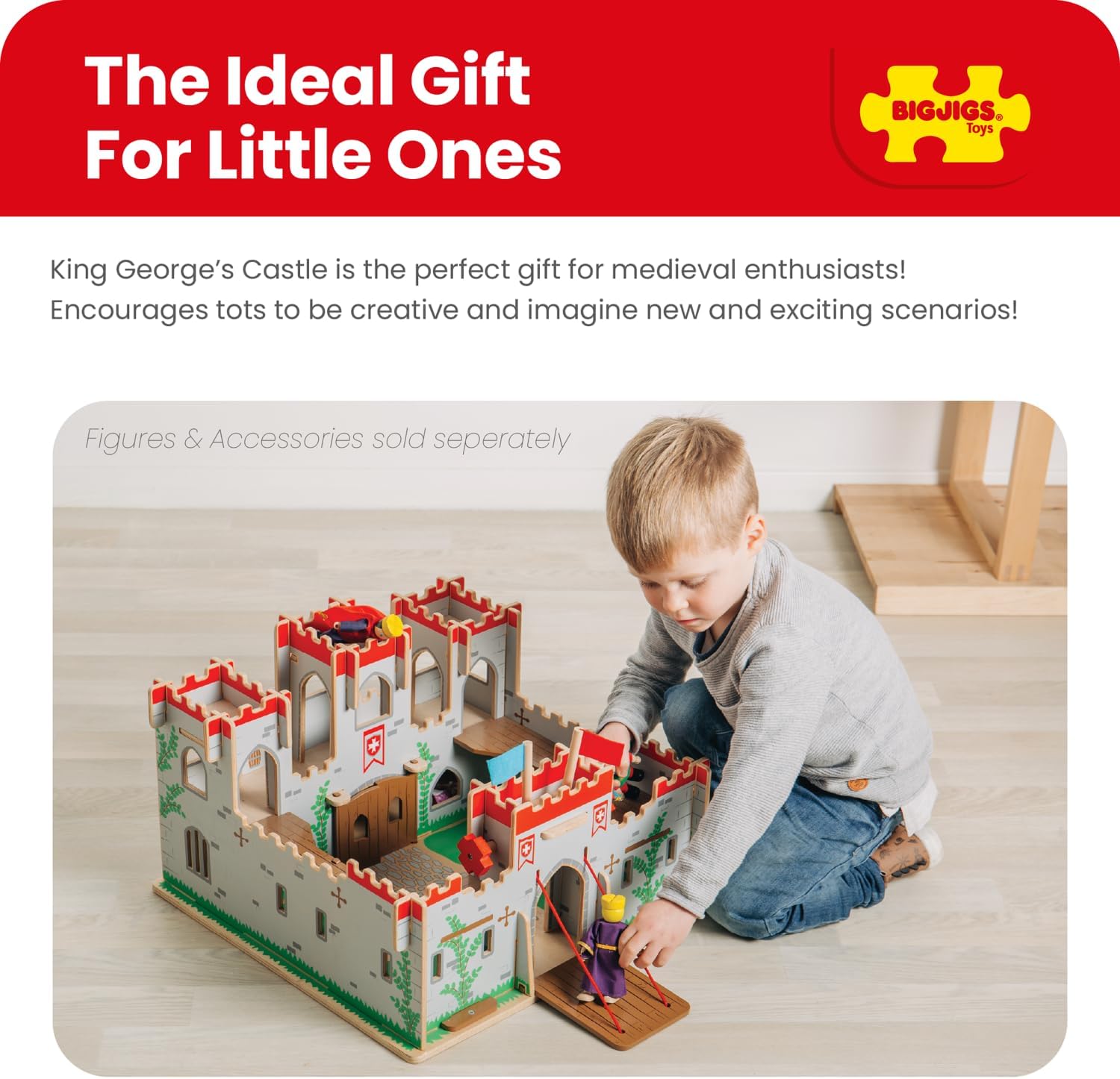 Bigjigs Toys King George's Castle Wooden Toy for Kids Age 3+ | Working Slot-Together Fort with Drawbridge, Balconies & Doors | Medieval Wood Toys for Fantasy Role Play | Educational Gift for Children