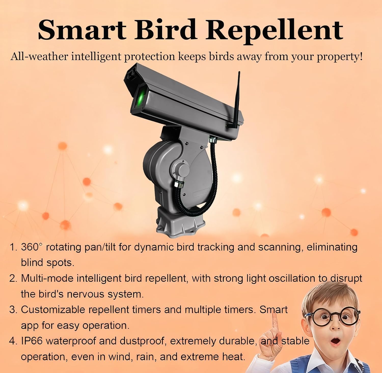 Automatic Laser Bird Deterrent Device, 360° Rotating Industrial Laser Bird Repeller, Smart Laser Bird Repeller, Automatic Cruise, with App Control, for Farms, Airports, Warehouses & Roofs A 2W