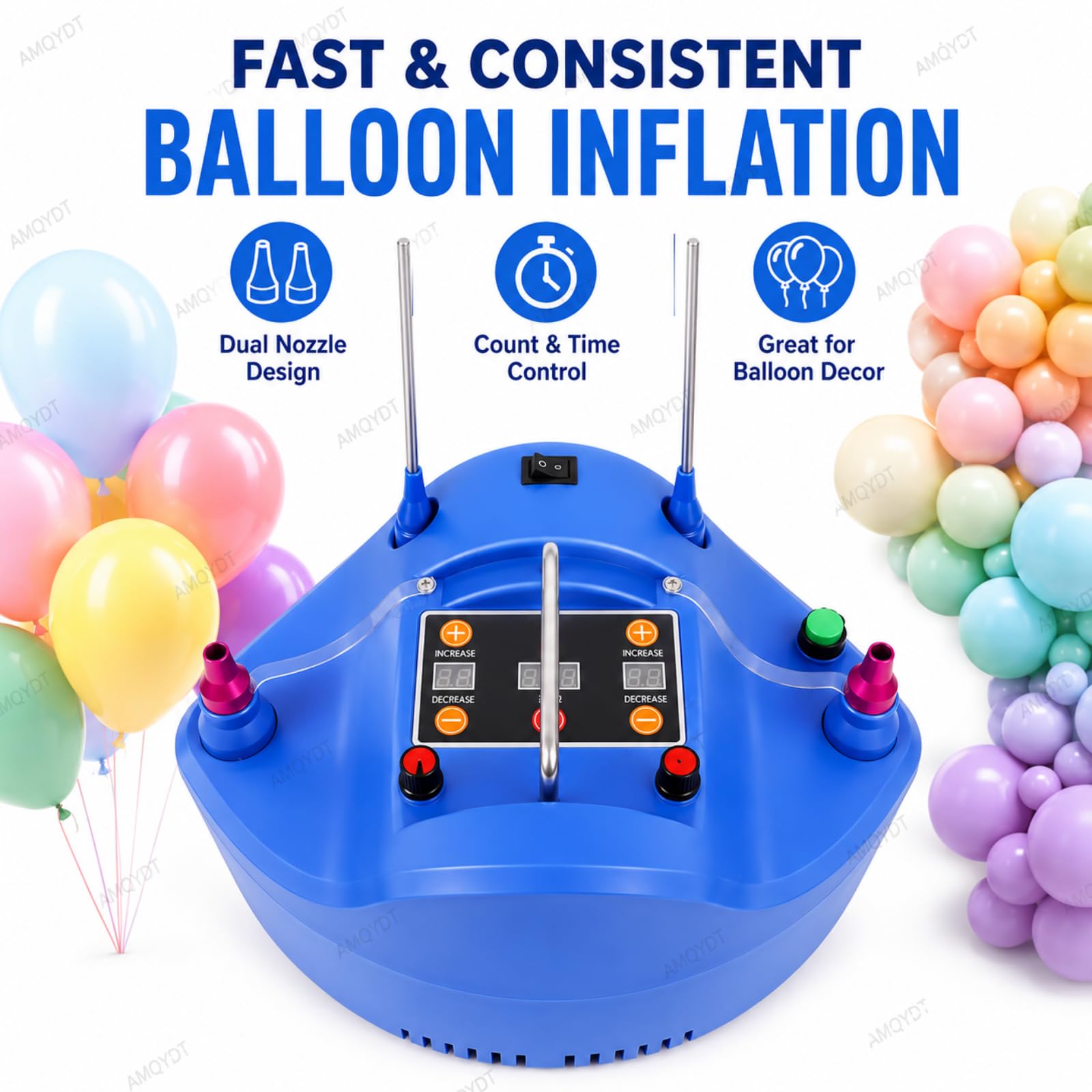 Pompa Elettrica per Palloncini, Gonfiatore per Palloncini, Pompa Ad Aria Elettrica A Doppio Ugello con Timer Digitale, Gonfiaggio A Doppio Ugello per Feste, Matrimoni Ed Eventi Blue