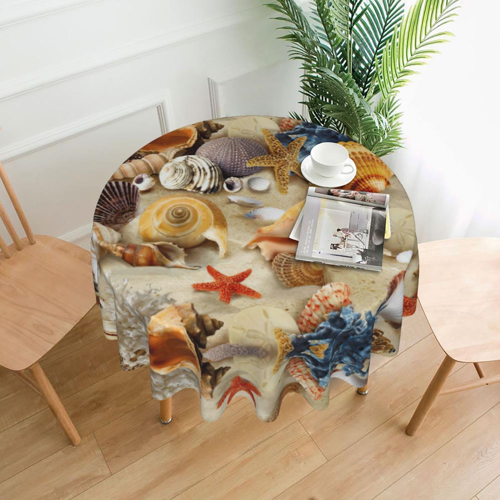 Zcmkjlg Starfish Seashell Sandy Beach Theme Print Quick Ship Round Tablecloth 60in Polyester Washable Cover for Dining Room