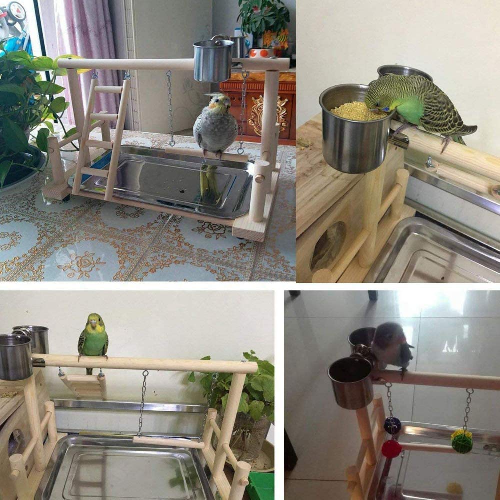 BERTY·PUYI Supporto da Gioco per Pappagalli con Tazza Giocattoli Vassoio Altalena per Uccelli Arrampicata Scala Appesa Ponte Cockatiel Palo di Legno Parco Giochi per Uccelli