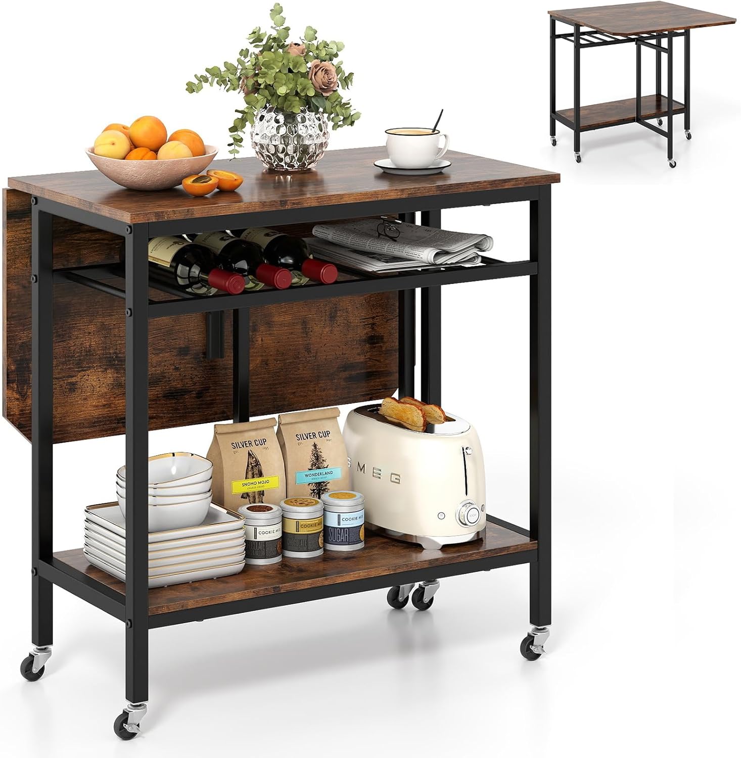 Giantex Folding Dining Table with 5 Wheels, Extendable Bar Tables with Wine Rack and Storage Shelf, Heavy-Duty Metal Frame, Space-Saving Kitchen Table for Small Spaces, Living Room, Apartment, Office