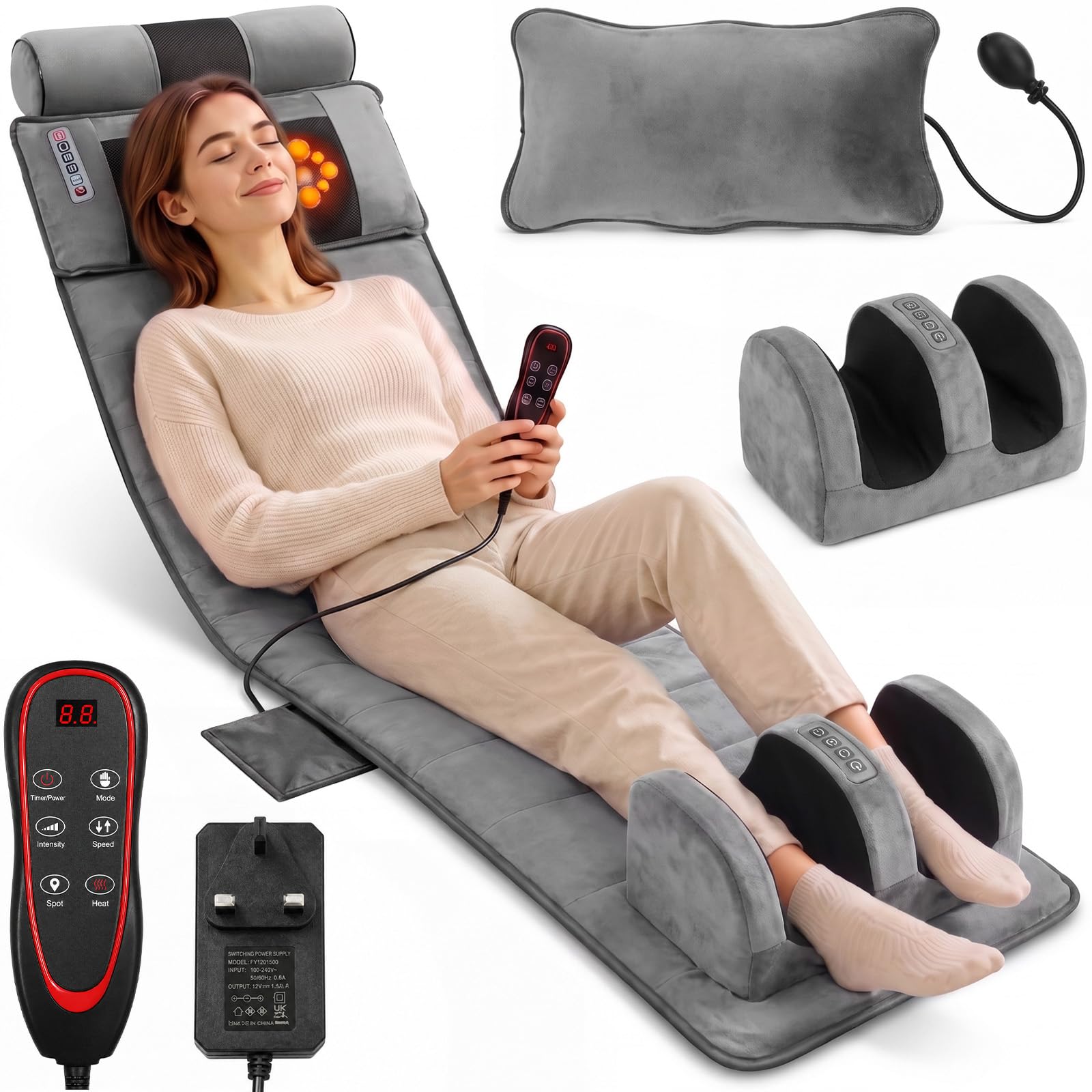 Ganzkörper-Massage-Matratze - Beheizte Massagematte mit abnehmbarem Fußmassagegerät, 9 Vibrationsmodi, 3 Heizstufen, lindert Muskelverspannungen für Rücken, Nacken & Beine, Timer