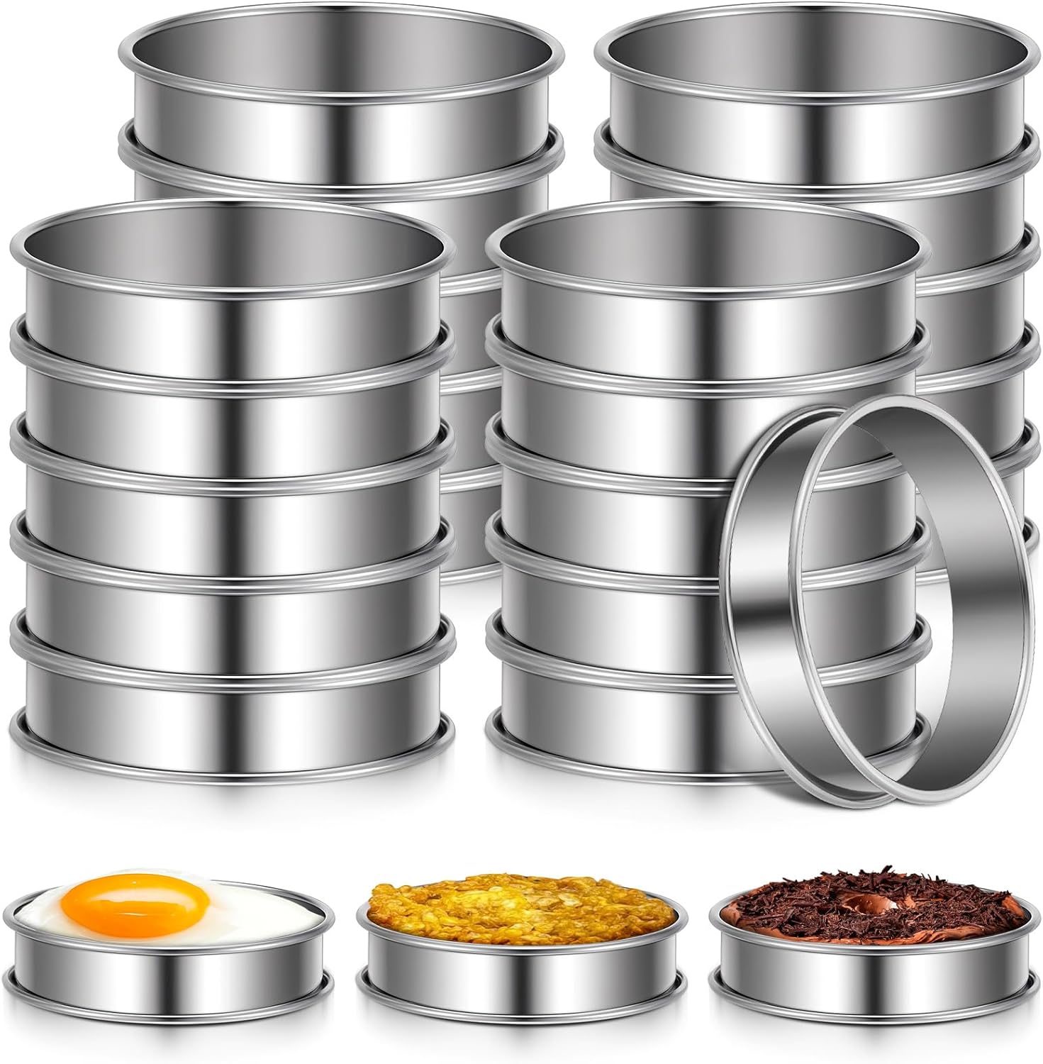 SHENLIU 24 Pieces Stainless Steel English Muffin Rings, 3 Inch Double Rolled Tart Ring Metal Round Nonstick Crumpet Rings Muffin Tart Molds for Food Making Home Baking