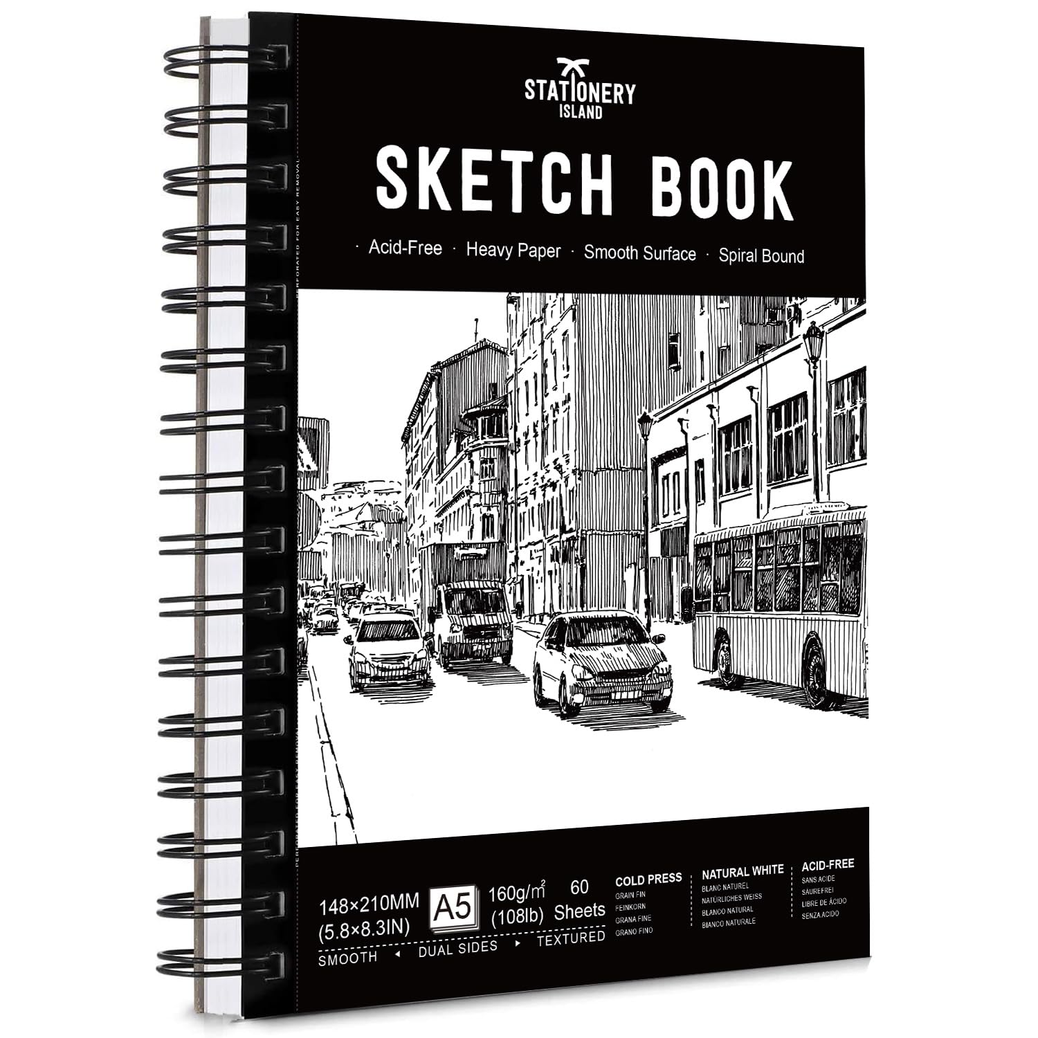 STATIONERY ISLAND Sketchbook Spiral Bound 60 Sheets A5 160gsm Premium Drawing Paper for Sketching, Drawing & Painting Sketch Pad Art Book for Pencils, Charcoal