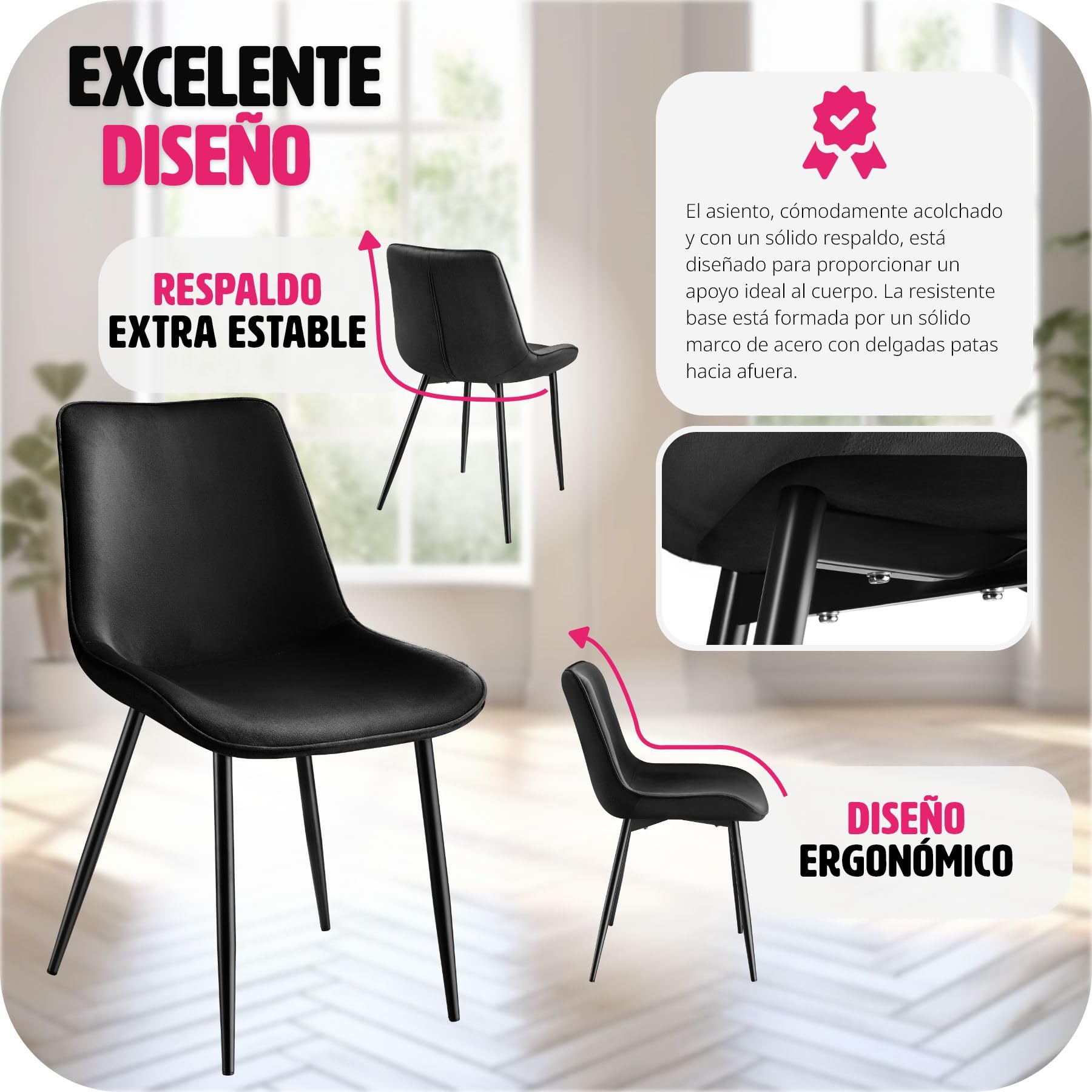 tectake® Juego de 2 Sillas de Comedor, Sillas Salón Aterciopeladas, Silla Tocador Ergonómica, Sillas Comedor con Patas de Acero y Topes, Silla Terciopelo con Gran Respaldo y Acolchada - Negro