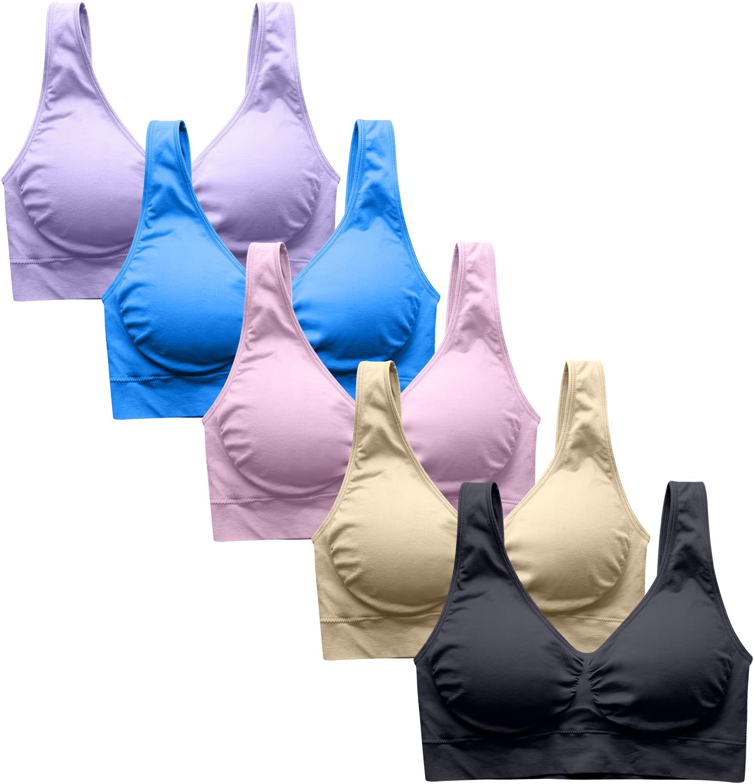 Womens Cozy Bra Seamless Wire free Pullover Bra Sleeping Bralette Black/Nude/Pink/Lightpurple/blue,XL for 34D/DD 36A/B/C 38B/C,5 Pack