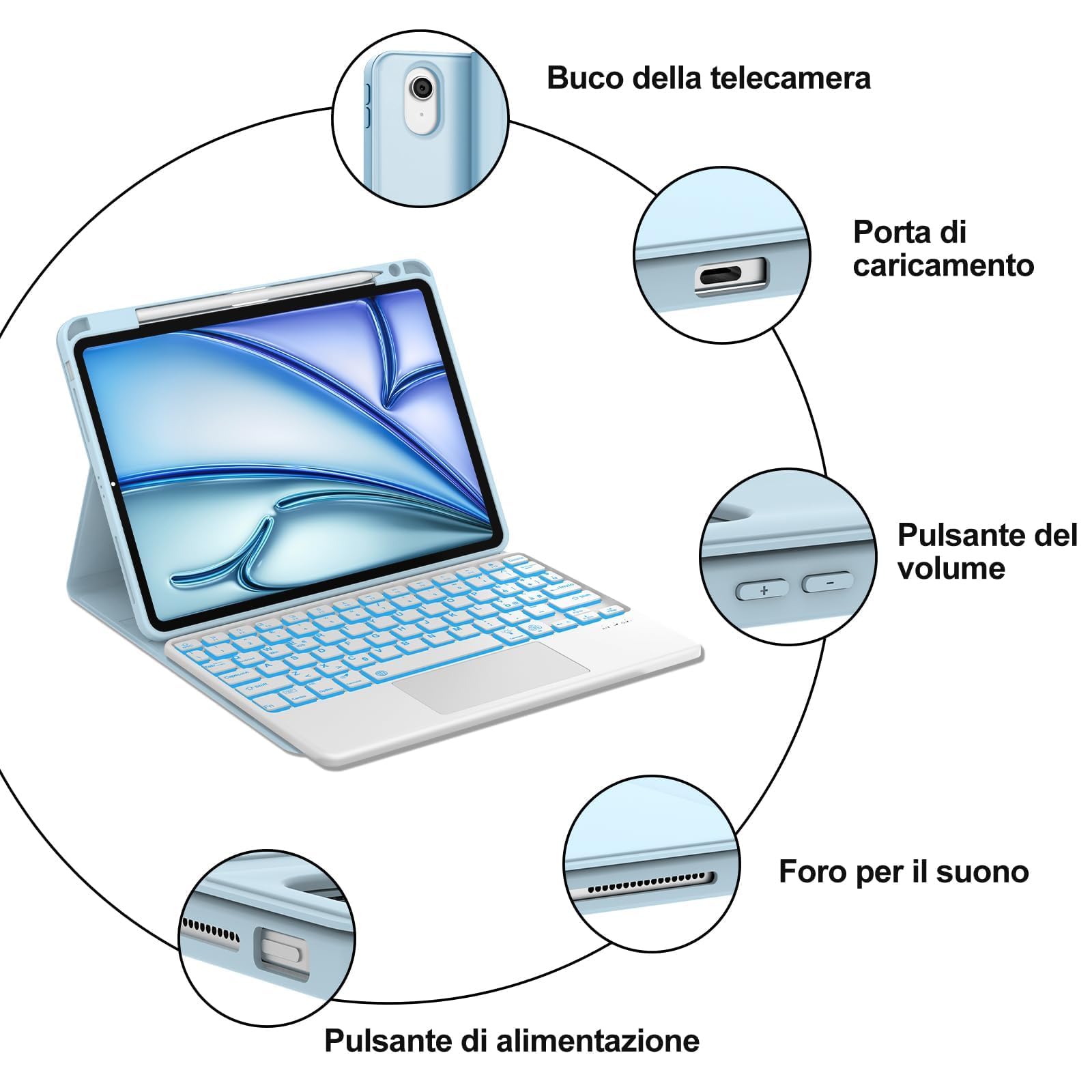 FOGARI Per iPad Air 11/ 5ª/4ª generazione e iPad Pro 11 Cover Tastiera | Tastiera Bluetooth Rimovibile con Retroilluminazione 7 colori e Touchpad per iPad Air 11 M4 2026/M3 2025/M2 2024, Azzurro
