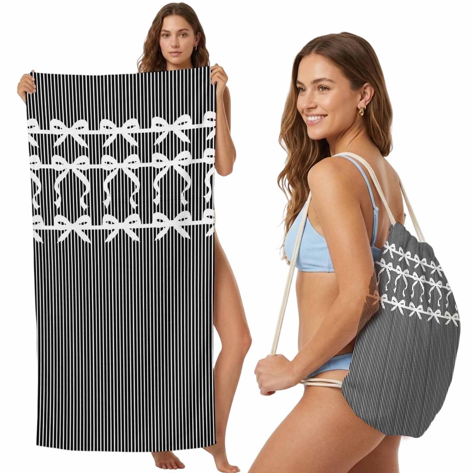 Beach Towel Bag 2 in 1 Ribbon Bows Bath Pool Towels Backpack Black Pinstripes Graphic Absorbent Beach Towel Soft Quick Dry Lightweight Packable Towels Drawstring Bag for Travel Camping Sports Yoga