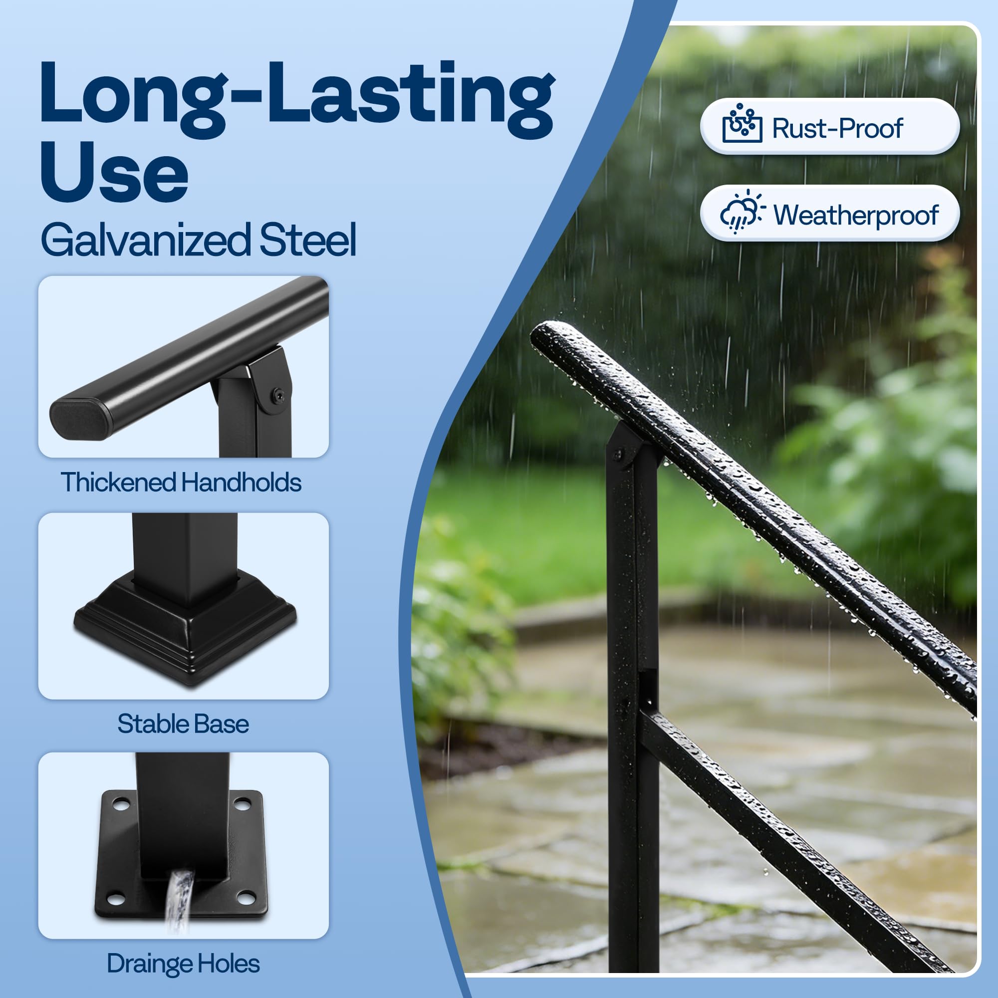 VIVOHOME Adjustable Outdoor Handrails - Durable Galvanized Steel, Black Oval Design for Porch, Deck & Stairs, 2-Pack for 3 Steps - 4