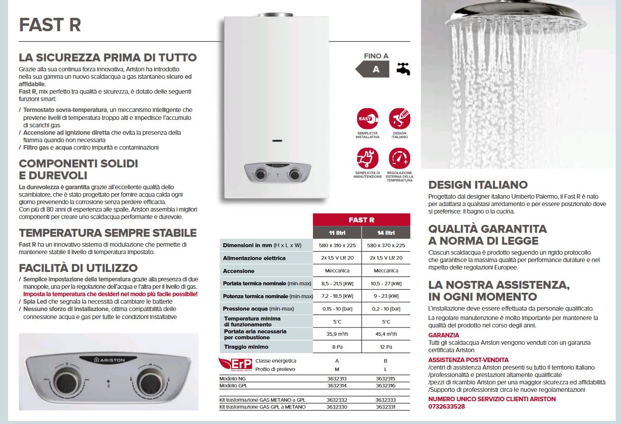 Scaldabagno A Gas Ariston Fast R 11 EU GPL - Potenza 8.5/21.5kW, Classe A - Foto 8