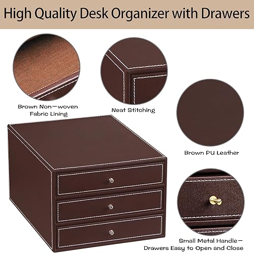 Miniatura 5 de PUSU Organizador de escritorio con cajones, organizador de almacenamiento de 3 cajones, caja de almacenamiento de mesa de cuero sintético con 3