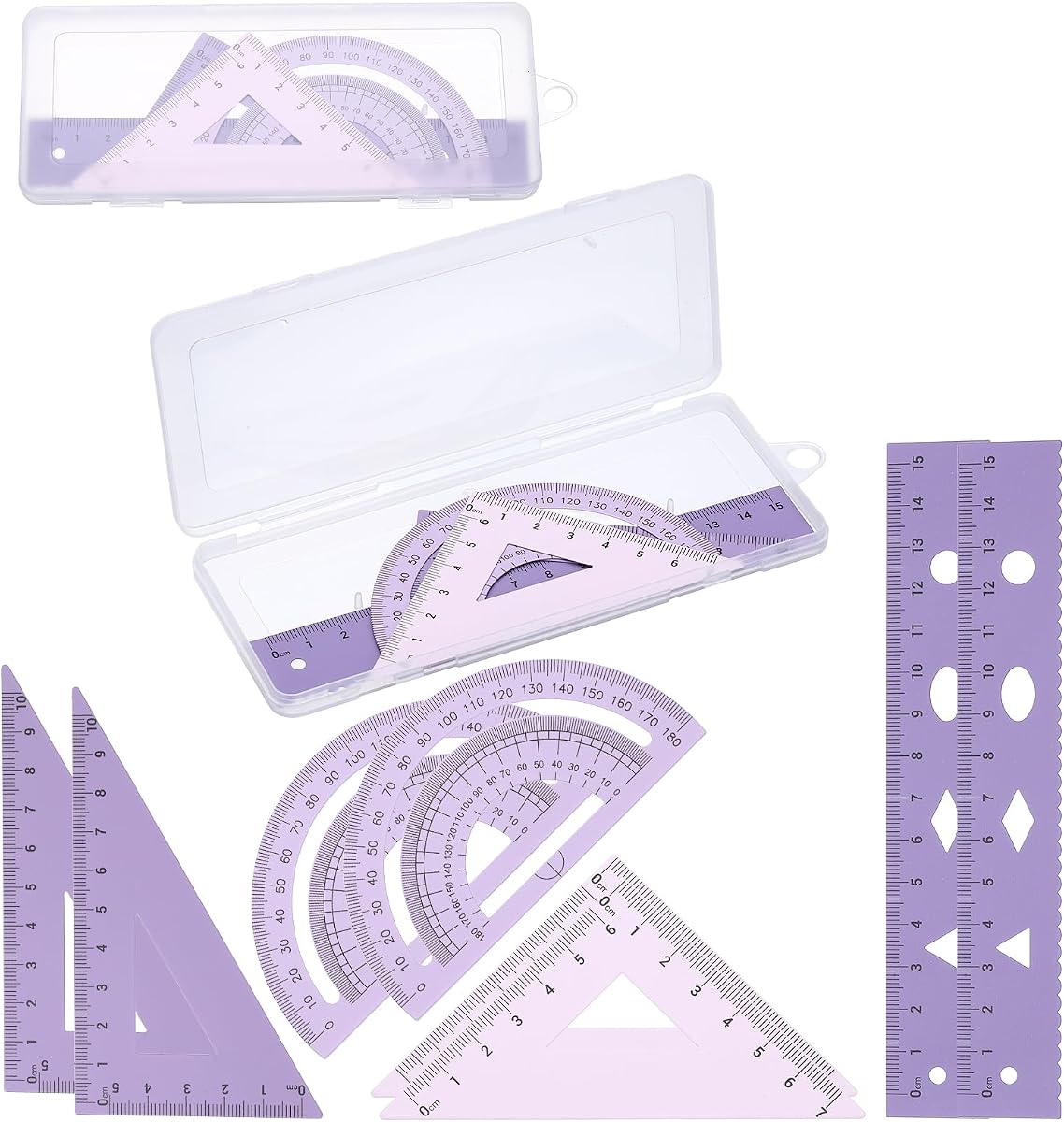 PATIKIL Juego de geometría, paquete de 2 reglas de aluminio de 6 pulgadas y 4 triángulos, regla transportadora de metal, herramienta de medición de dibujo matemático para el hogar, oficina, matemáticas, dibujo, ingeniería, arte, color morado degradado